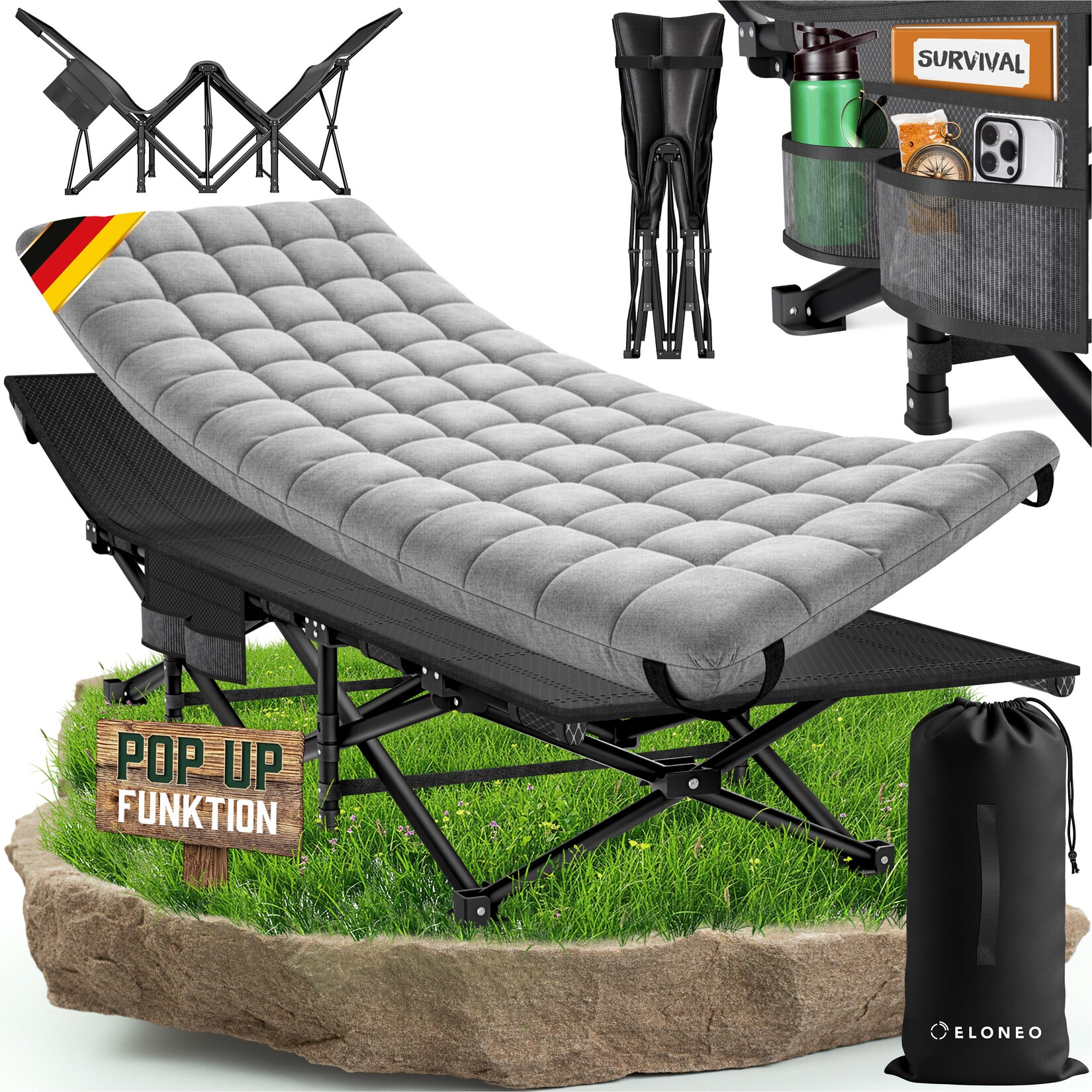 ELONEO Feldbett klappbar mit Premium Auflage, Campingliege bis 200kg belastbar, Grau