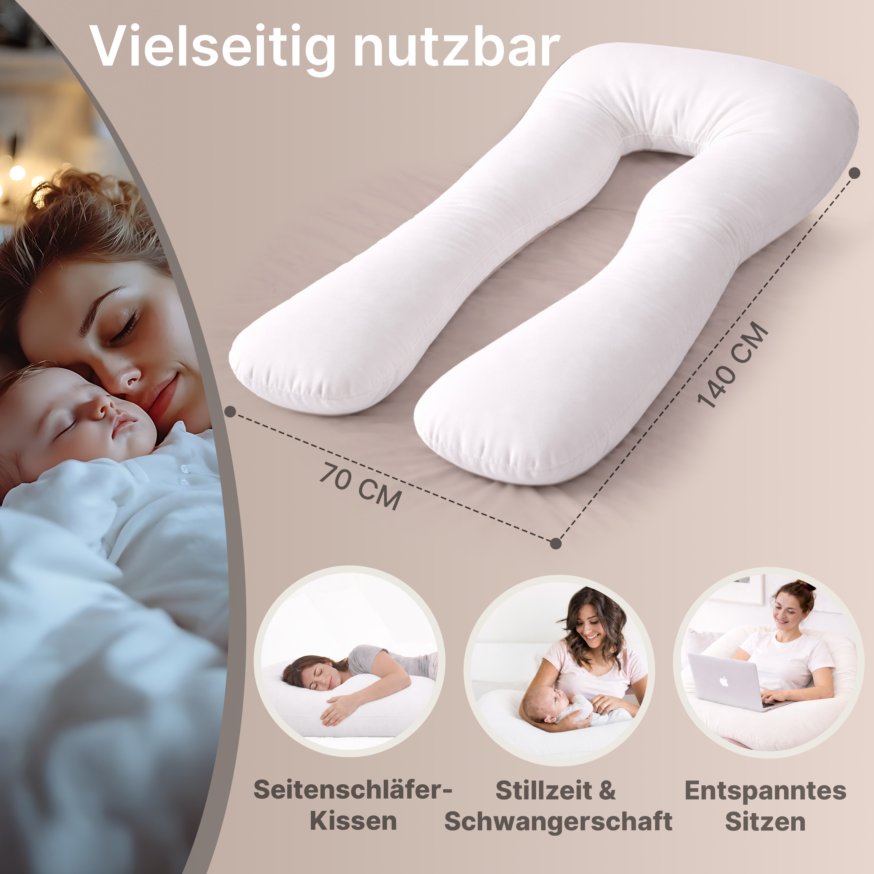 ELONEO Seitenschl&auml;ferkissen mit Bezug, Stillkissen, Schwangerschaftskissen XXL, Wei&szlig; - Bild 1