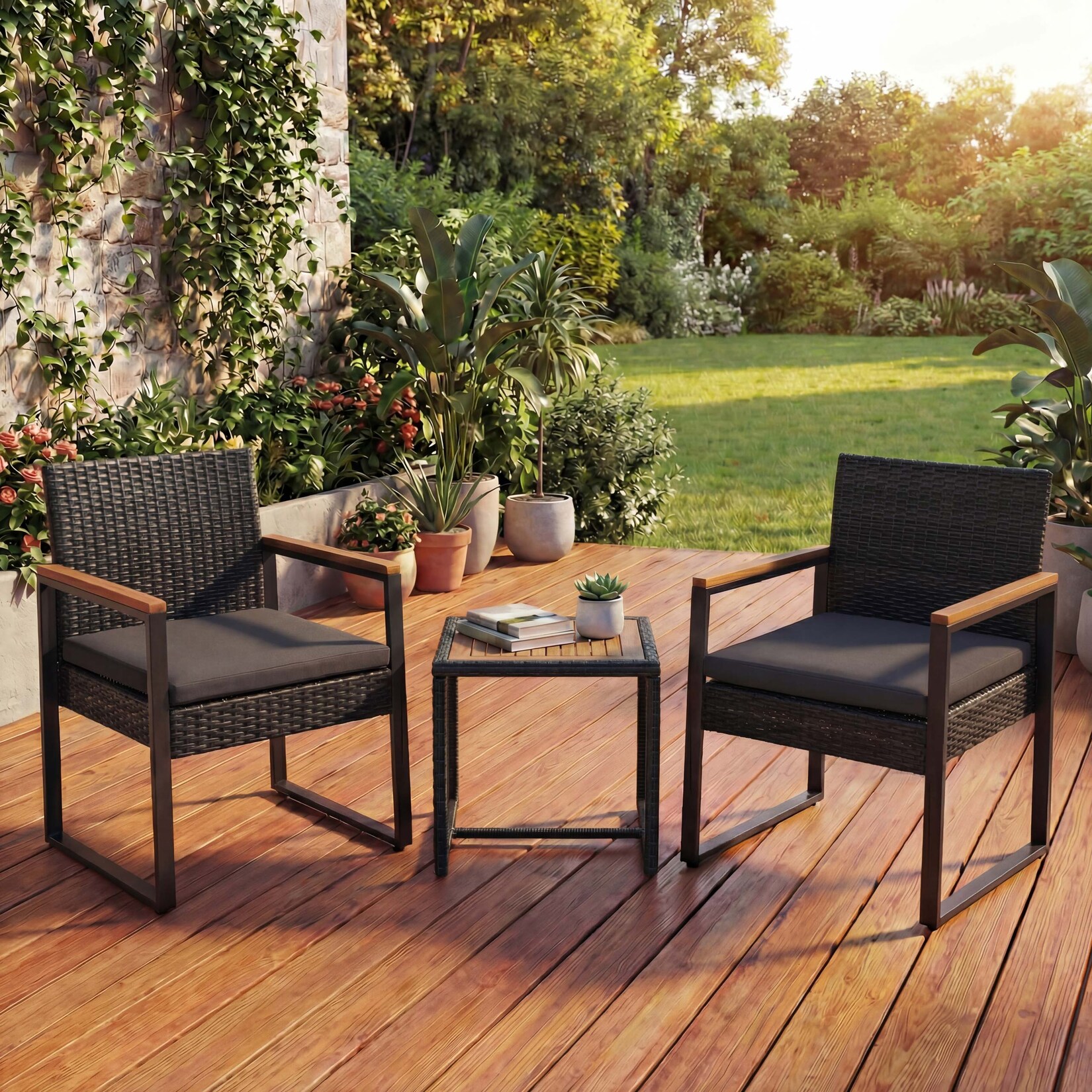 Poly-Rattan Garnitur MCW-P74, Lounge-Set Garten 2x Stuhl Tisch, Akazie Holz Stoff 180g/m² ~ schwarz, Polster grau