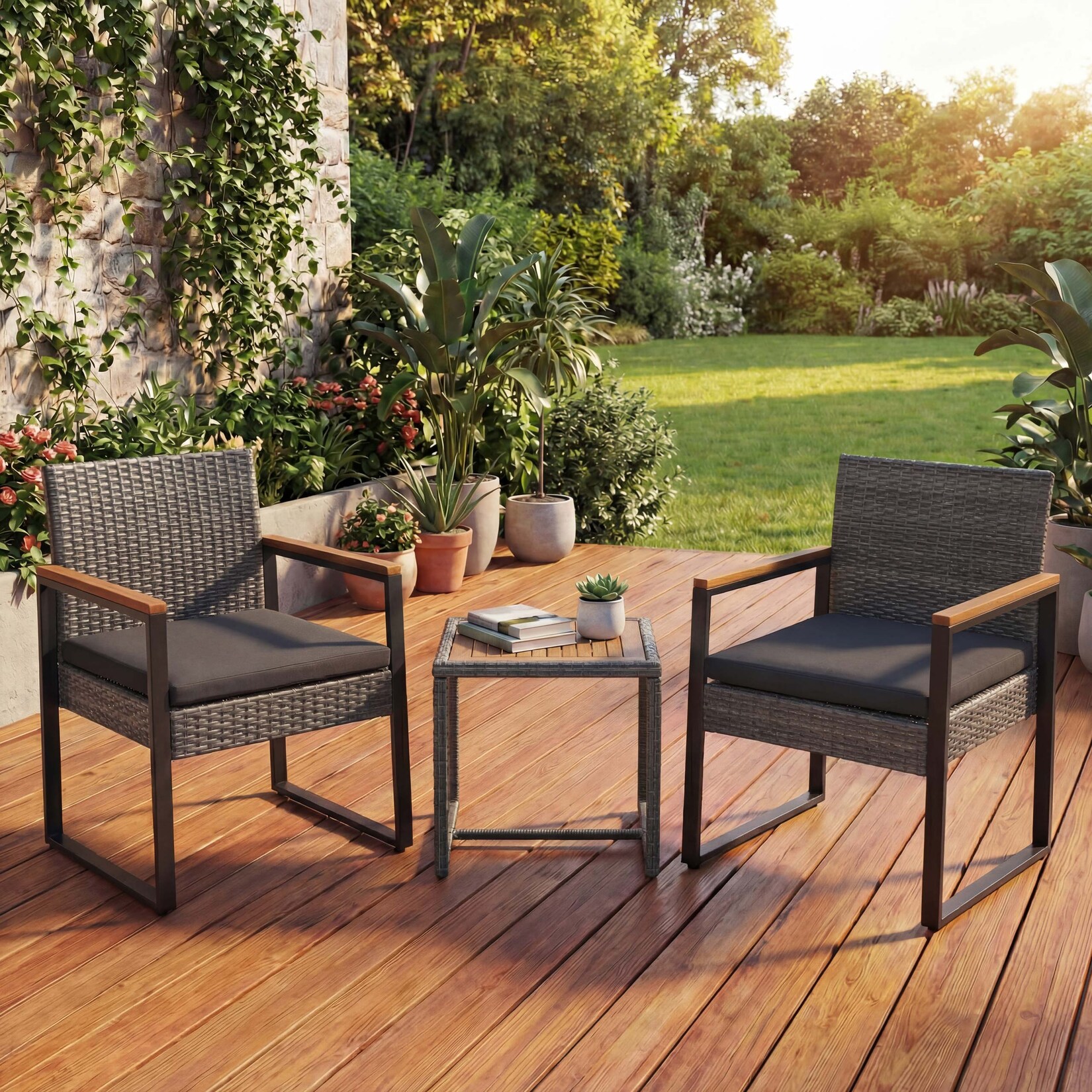 Poly-Rattan Garnitur MCW-P74, Lounge-Set Garten 2x Stuhl Tisch, Akazie Holz Stoff 180g/m² ~ grau, Polster grau