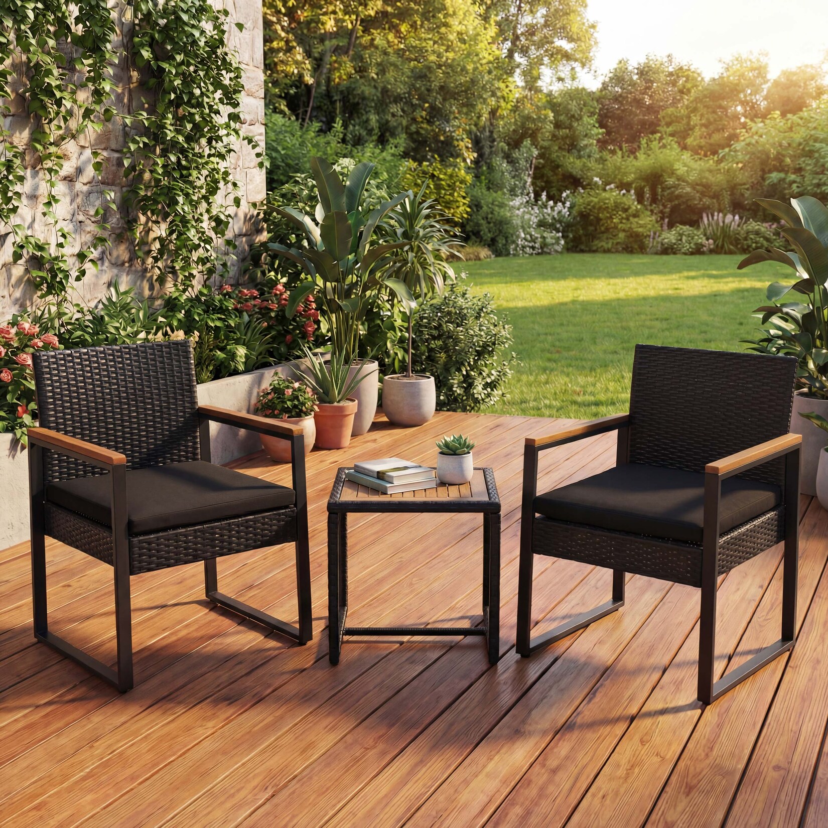 Poly-Rattan Garnitur MCW-P74, Lounge-Set Garten 2x Stuhl Tisch, Akazie Holz Stoff 180g/m² ~ schwarz, Polster schwarz