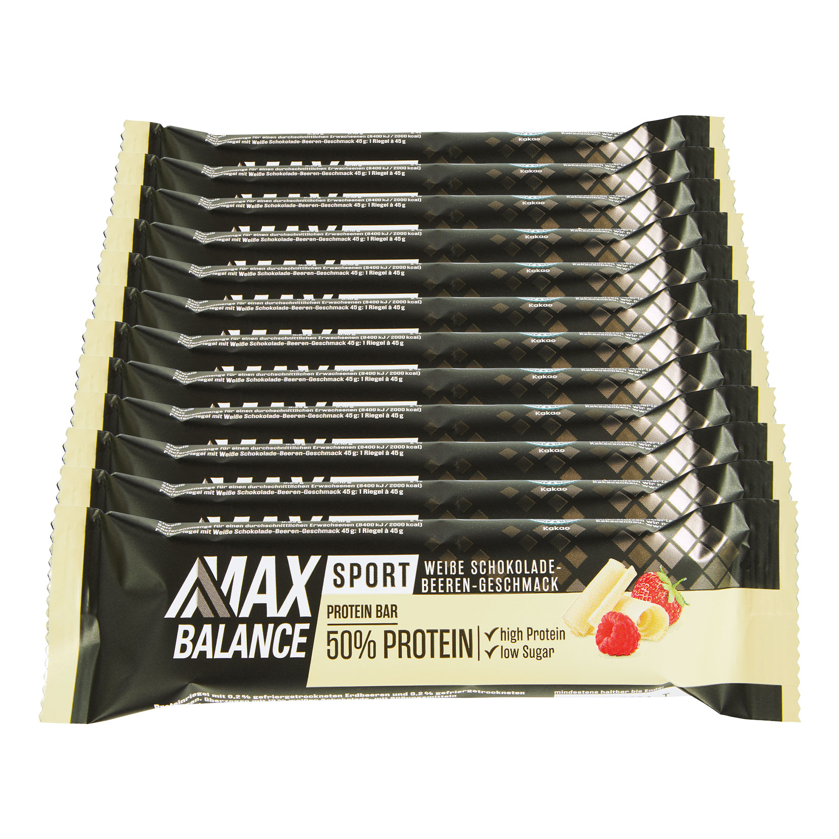 Max Balance 50% Proteinriegel White Choc Kirsch-Himbeer 45 g, 12er Pack - Bild 1