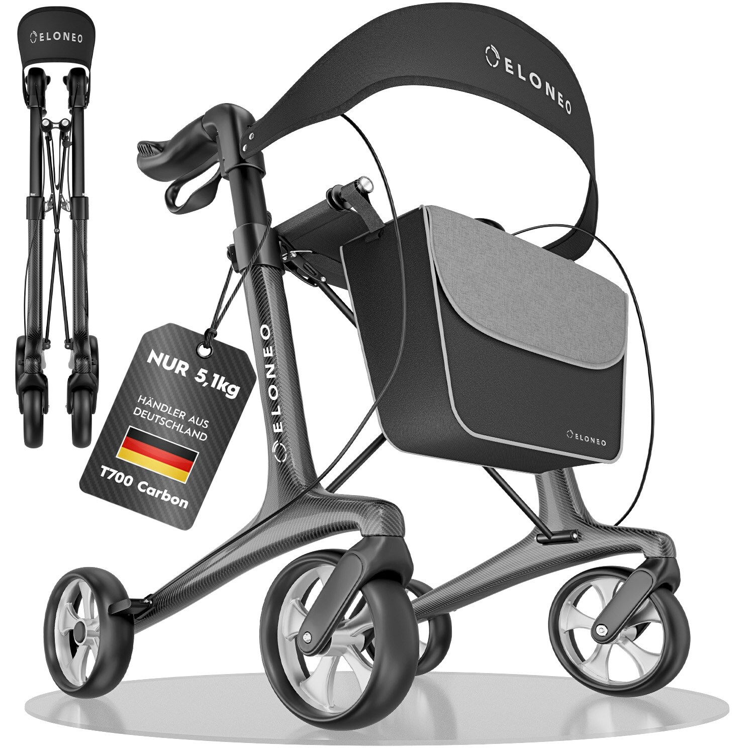 ELONEO Carbon Rollator faltbar und leicht mit Sitz, Leichtgewicht-Reiserollator ultraleicht 5,1 kg, Gehhilfe für Senioren 9-fach höhenverstellbar, mit Tasche, Anthrazit - Größe M
