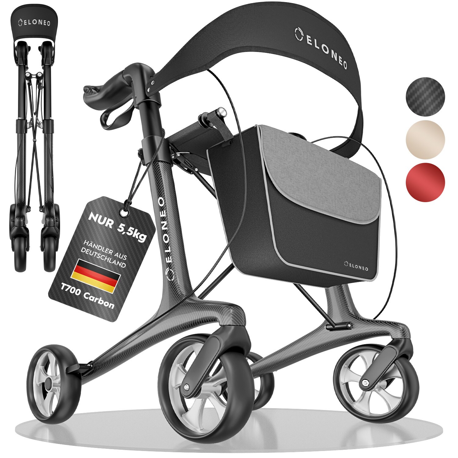 ELONEO Carbon Rollator faltbar und leicht mit Sitz, Leichtgewicht-Reiserollator ultraleicht 5,5 kg, Gehhilfe für Senioren 9-fach höhenverstellbar, mit Tasche, Anthrazit - Größe L