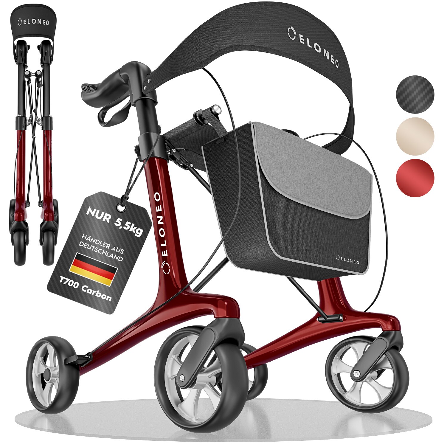 ELONEO Carbon Rollator faltbar und leicht mit Sitz, Leichtgewicht-Reiserollator ultraleicht 5,5 kg, Gehhilfe für Senioren 9-fach höhenverstellbar, Rot - Größe L