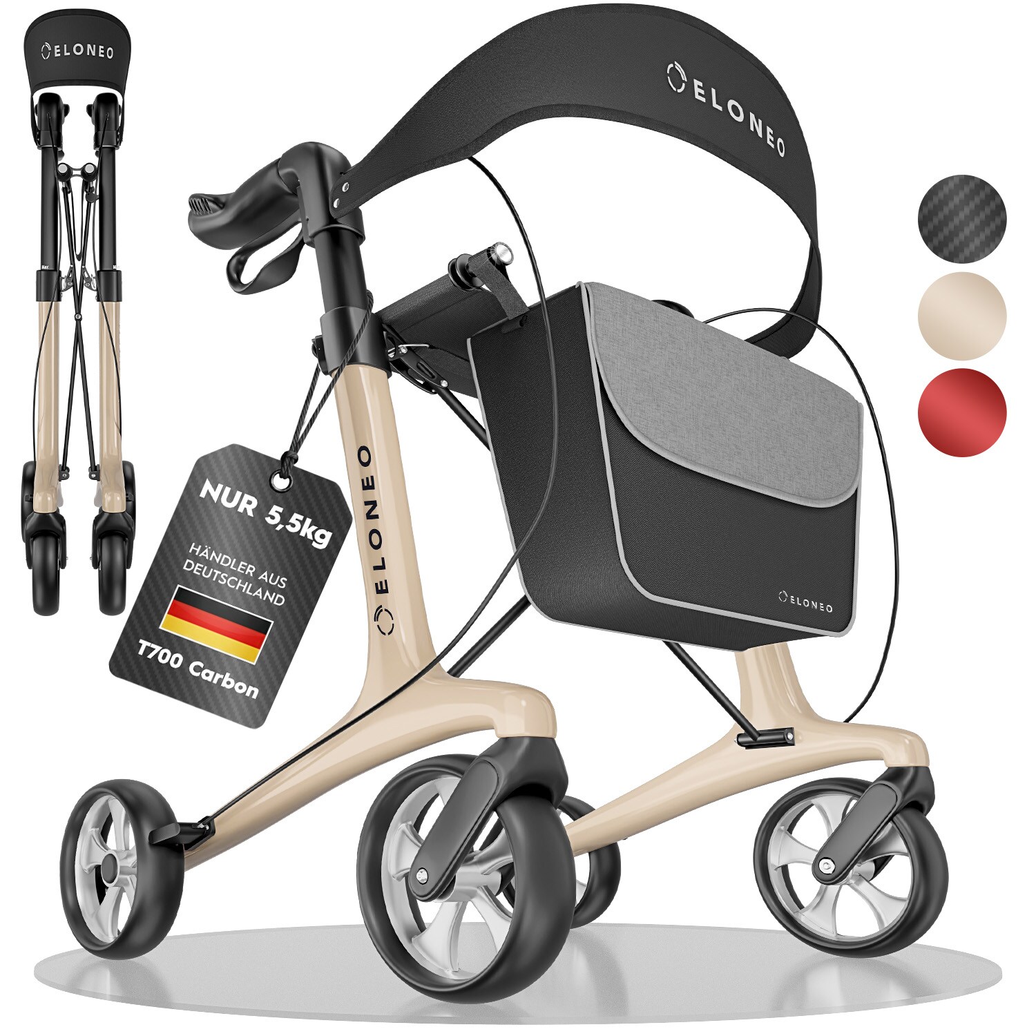 ELONEO Carbon Rollator faltbar und leicht mit Sitz, Leichtgewicht-Reiserollator ultraleicht 5,5 kg, Gehhilfe für Senioren 9-fach höhenverstellbar, mit Tasche, Creme - Größe L