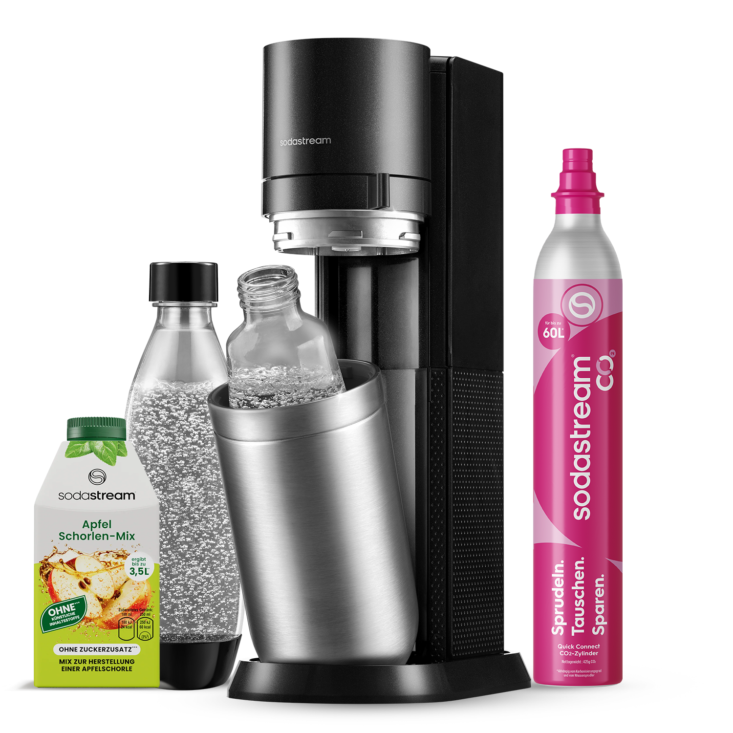 SodaStream Wassersprudler DUO mit Apfelschorle Sirup Mix inkl. 1x 1L Glasflasche, 1x 1L Kunststoffflasche + Quick-Connect CO2-Zylinder Farbe: Titan
