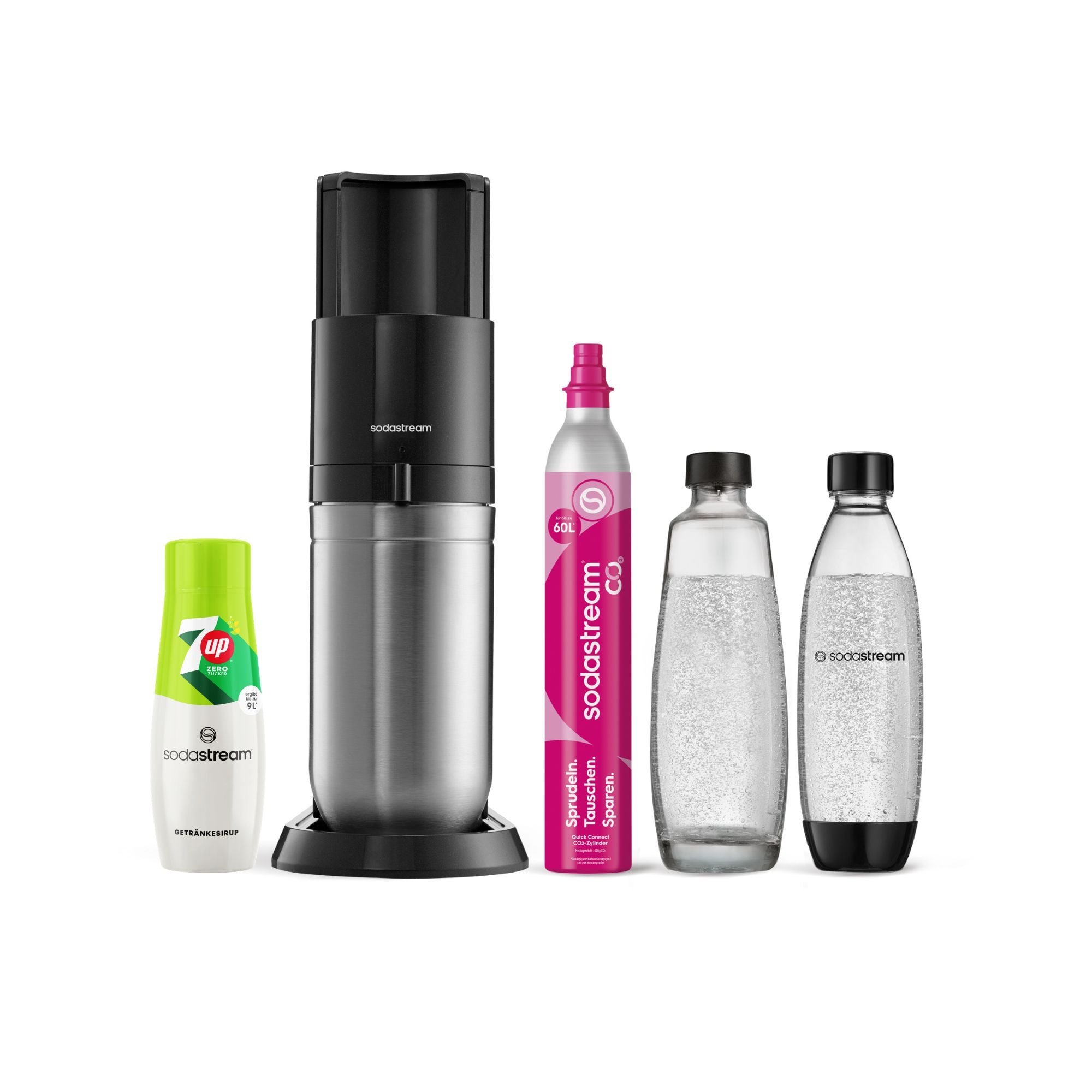 DUO Wassersprudler Titan + 7UP zero Sirup Virtuelles Bundle (1x Glasfl. 1L + 1x KSTFL 1L, 1x QC, 1x 7up Zero) - Bild 1