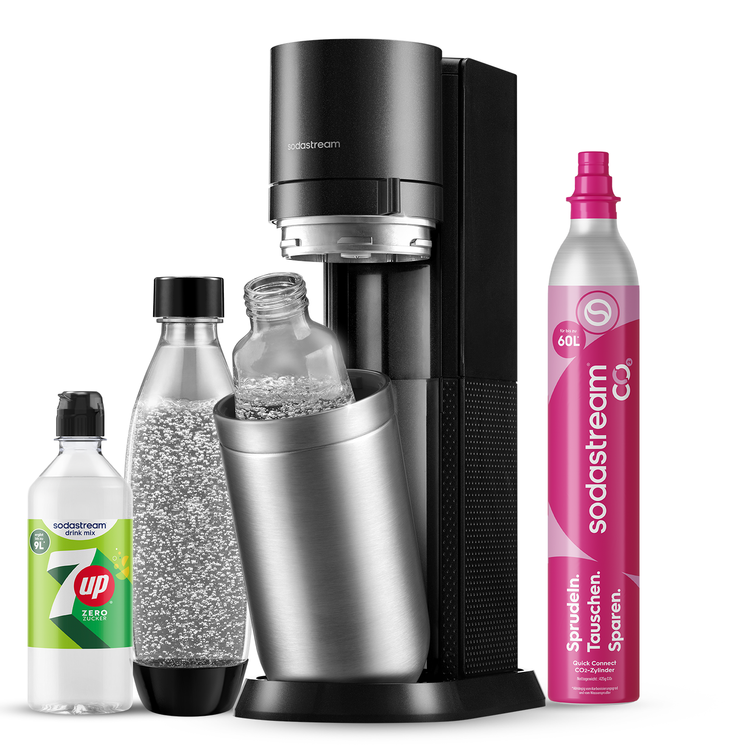 SodaStream Wassersprudler DUO mit 7UP Zero Sirup   inkl. 1x  Glasflasche, 1x 1L Kunststoffflasche + Quick-Connect CO2-Zylinder   Farbe: Titan