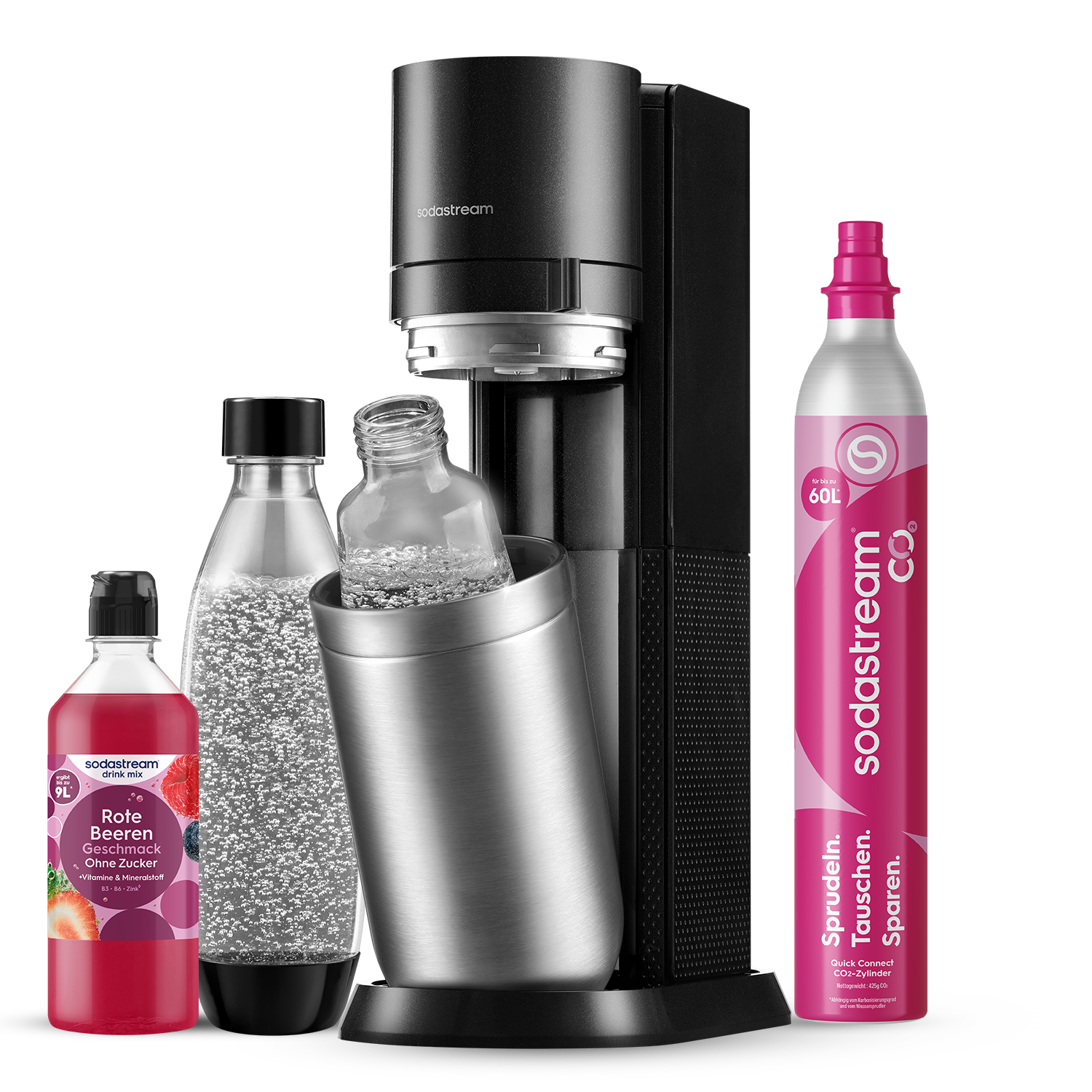 SodaStream Wassersprudler DUO mit Rote Beeren Zero Sirup   inkl. 1x  Glasflasche, 1x 1L Kunststoffflasche + Quick-Connect CO2-Zylinder   Farbe: Titan