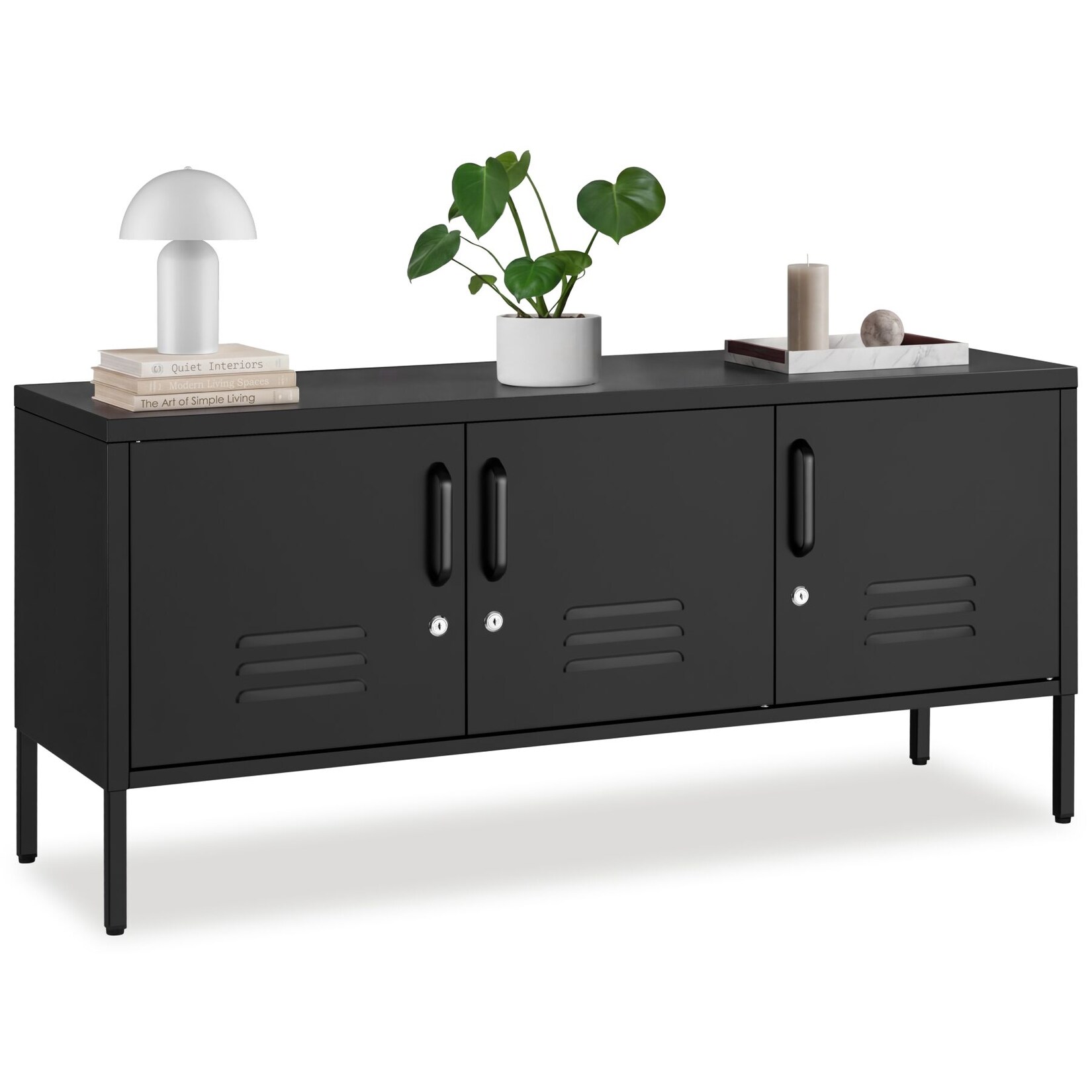 tectake® Sideboard, 3 Türen mit Magnetverschluss, einzeln abschließbar, pulverbeschichteter Stahl, Kippschutz, höhenverstellbare Füße