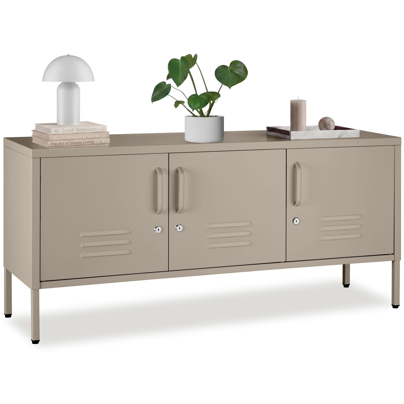 tectake® Sideboard, 3 Türen mit Magnetverschluss, einzeln abschließbar, pulverbeschichteter Stahl, Kippschutz, höhenverstellbare Füße