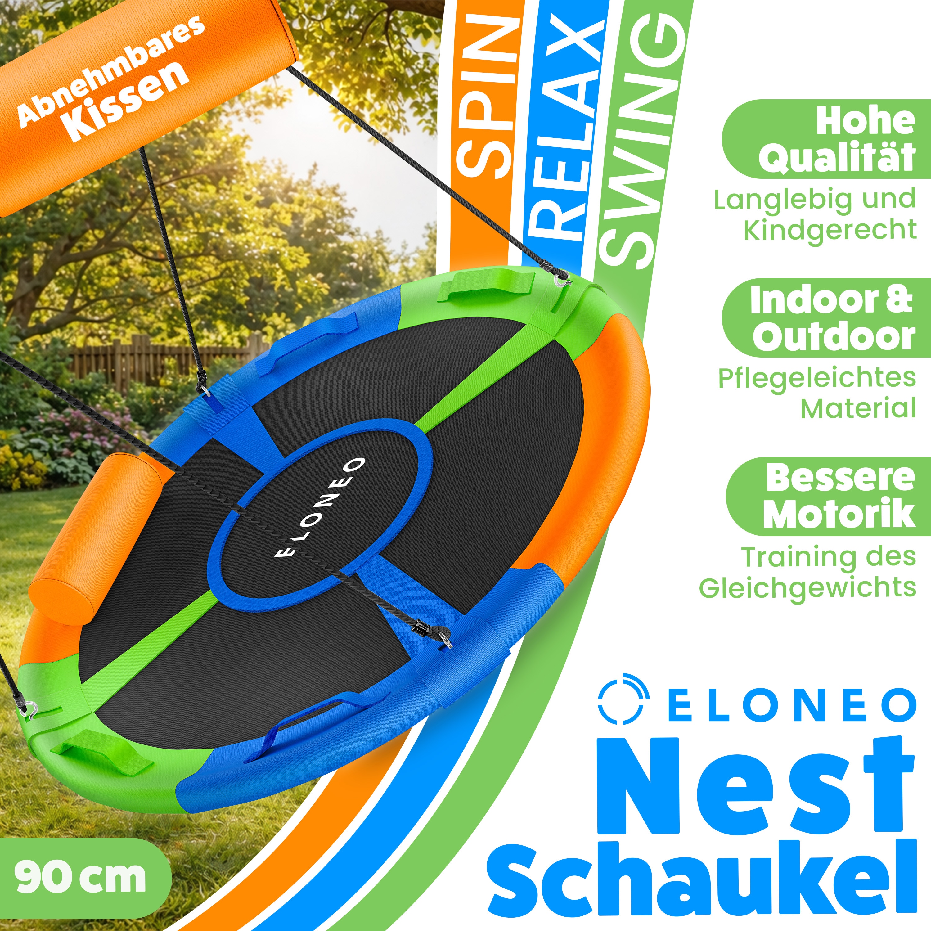 ELONEO Nestschaukel Outdoor & Indoor mit 90 oder 120 cm Durchmesser, Tellerschaukel, h&ouml;henverstellbare H&auml;ngeschaukel inkl. Kissen, Griffen und Zubeh&ouml;r-Set, Bunt - 90cm - Bild 1
