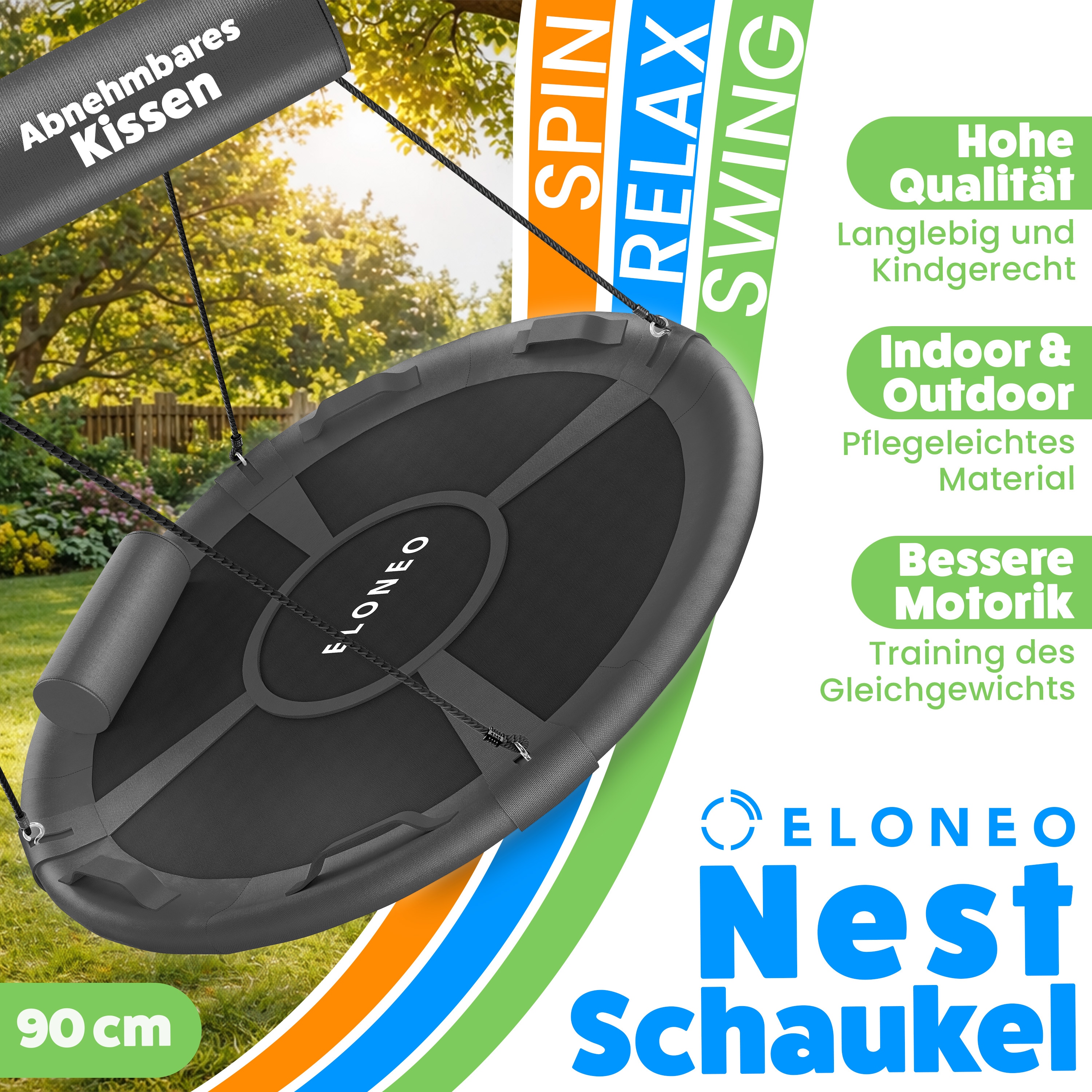 ELONEO Nestschaukel Outdoor & Indoor mit 90 oder 120 cm Durchmesser, Tellerschaukel, h&ouml;henverstellbare H&auml;ngeschaukel inkl. Kissen, Griffen und Zubeh&ouml;r-Set, Schwarz - 90cm - Bild 1