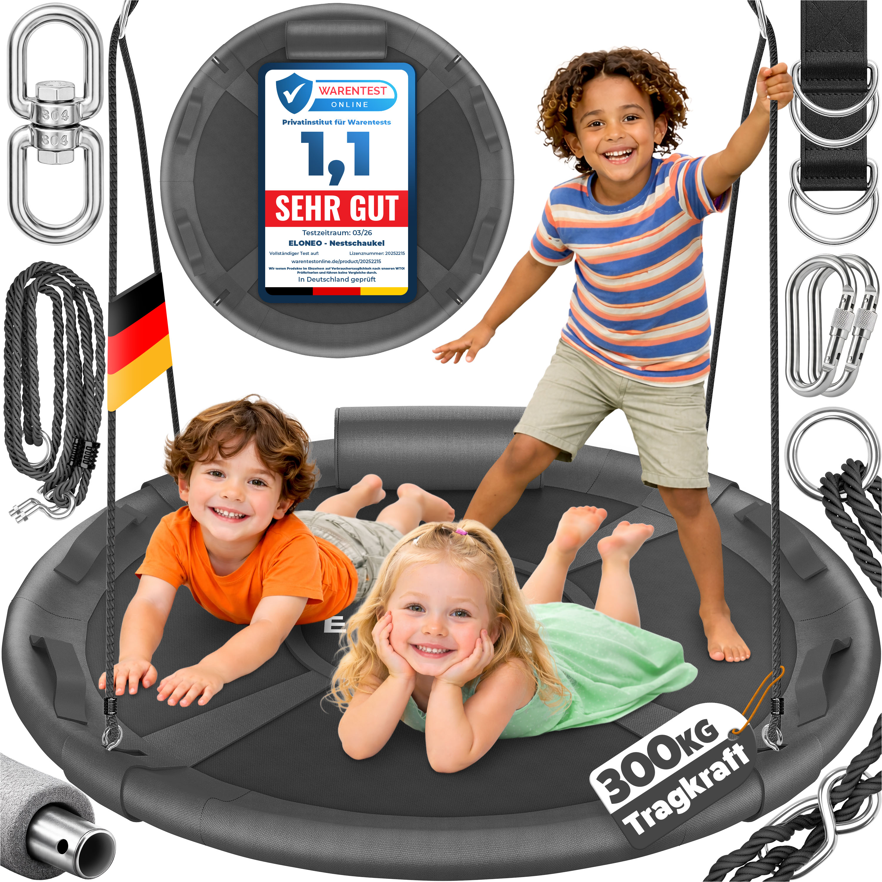 ELONEO Nestschaukel Outdoor & Indoor mit 90 oder 120 cm Durchmesser, Tellerschaukel, h&ouml;henverstellbare H&auml;ngeschaukel inkl. Kissen, Griffen und Zubeh&ouml;r-Set, Schwarz - 120cm - Bild 1