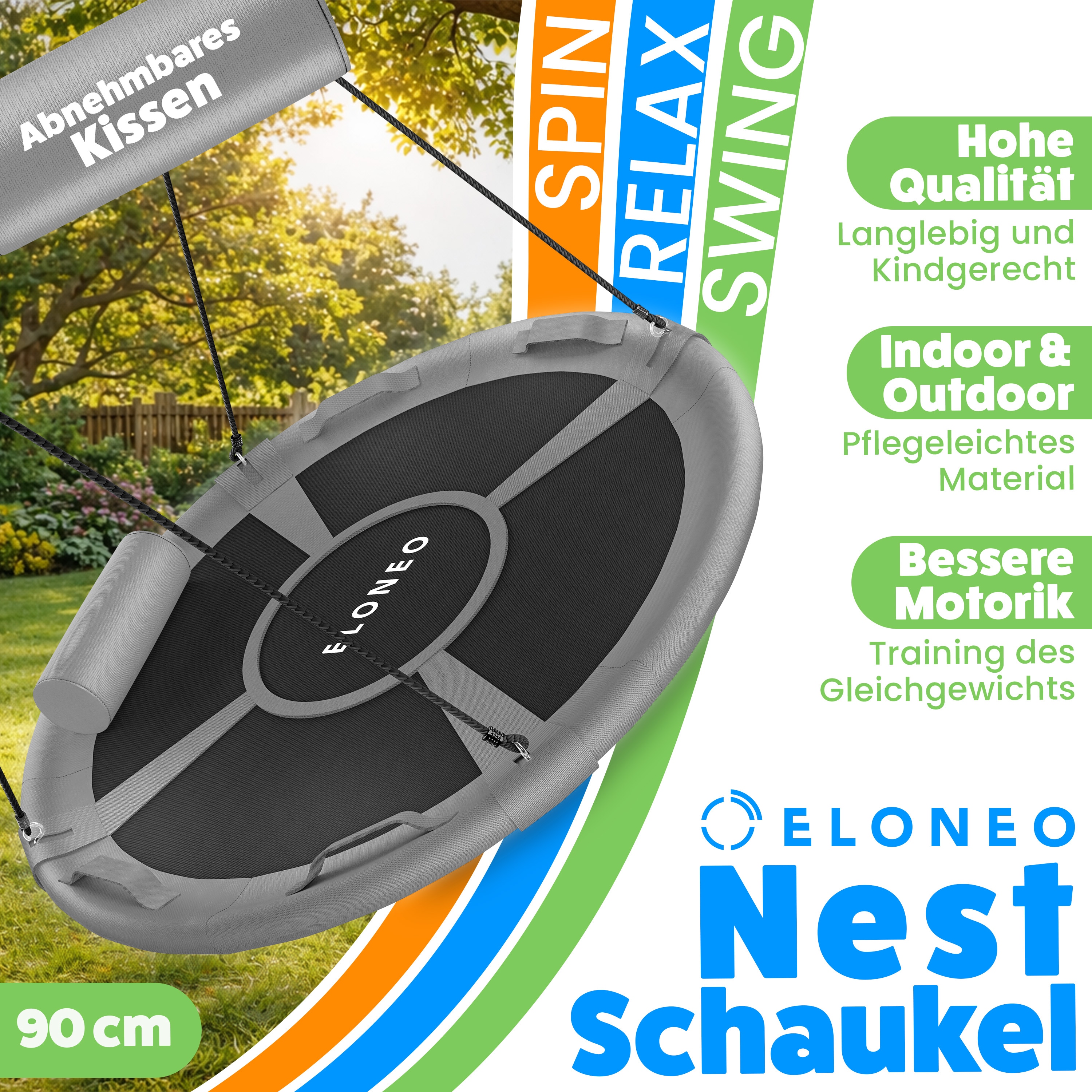 ELONEO Nestschaukel Outdoor & Indoor mit 90 oder 120 cm Durchmesser, Tellerschaukel, h&ouml;henverstellbare H&auml;ngeschaukel inkl. Kissen, Griffen und Zubeh&ouml;r-Set, Grau - 90cm - Bild 1