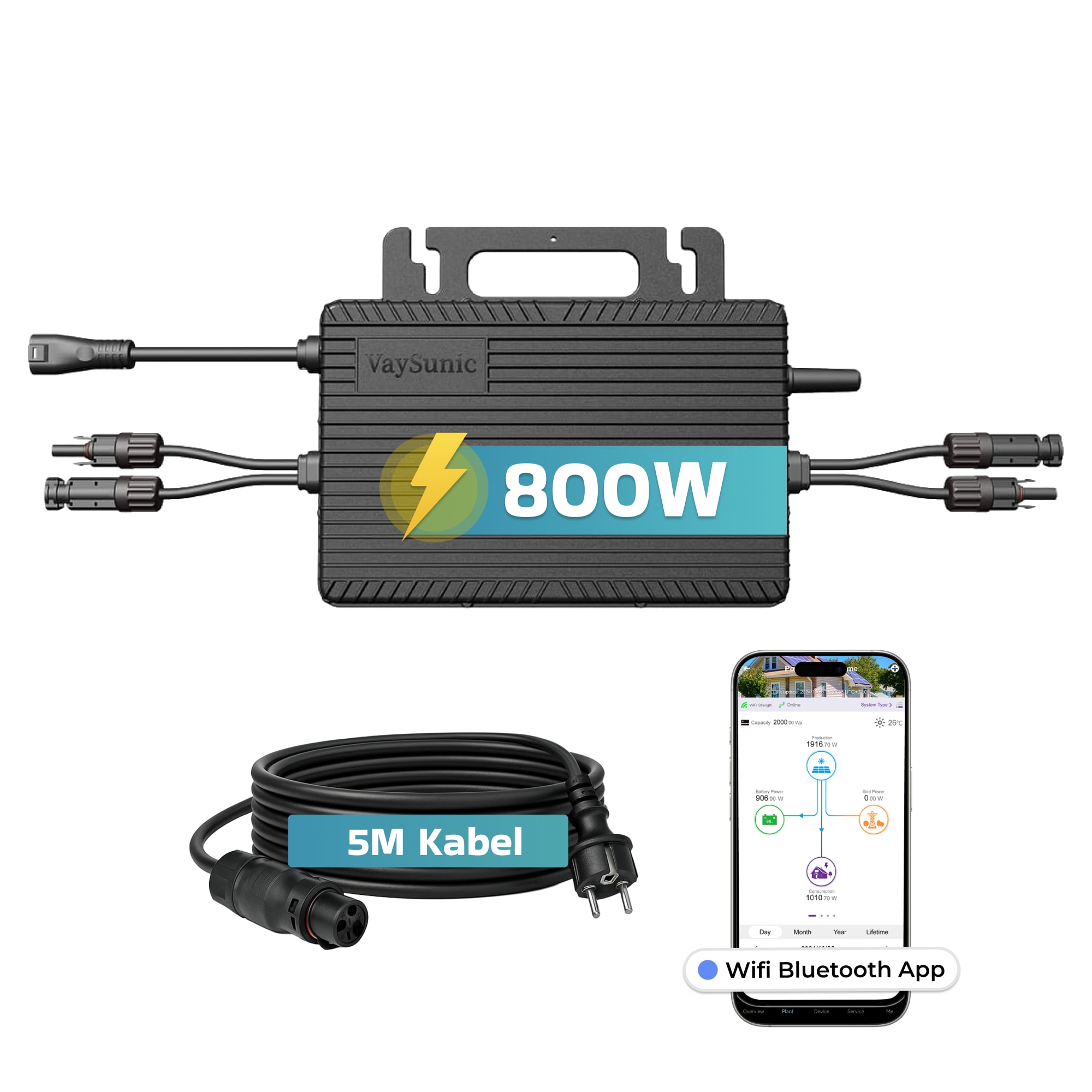 Vaysunic Mikro-Wechselrichter 800 W VM800WE/BE-P2 f&uuml;r Balkonkraftwerk, IP67 wetterfest, Plug&Play Installation, 2 MPPT, Sub-1G & WIFI, inkl.5m Anschlusskabel Micro Inverter - Bild 1