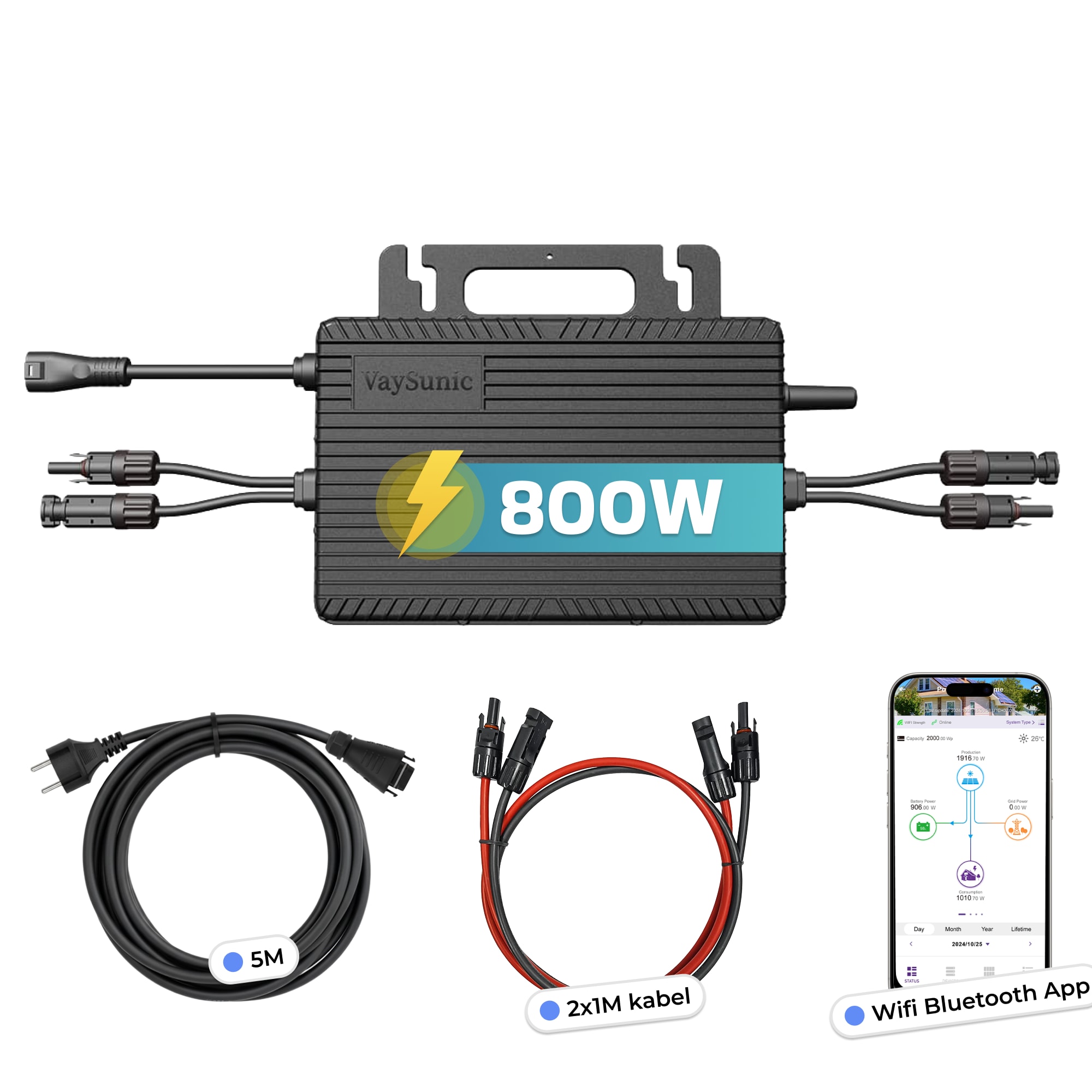 Vaysunic Mikro-Wechselrichter 800 W VM800WE/BE-P2 f&uuml;r Balkonkraftwerk, IP67 wetterfest, Plug&Play Installation, 2 MPPT, Sub-1G & WIFI, inkl.5m Anschlusskabel & 2x1m Solar-Verl&auml;ngerungen Micro Inverter - Bild 1