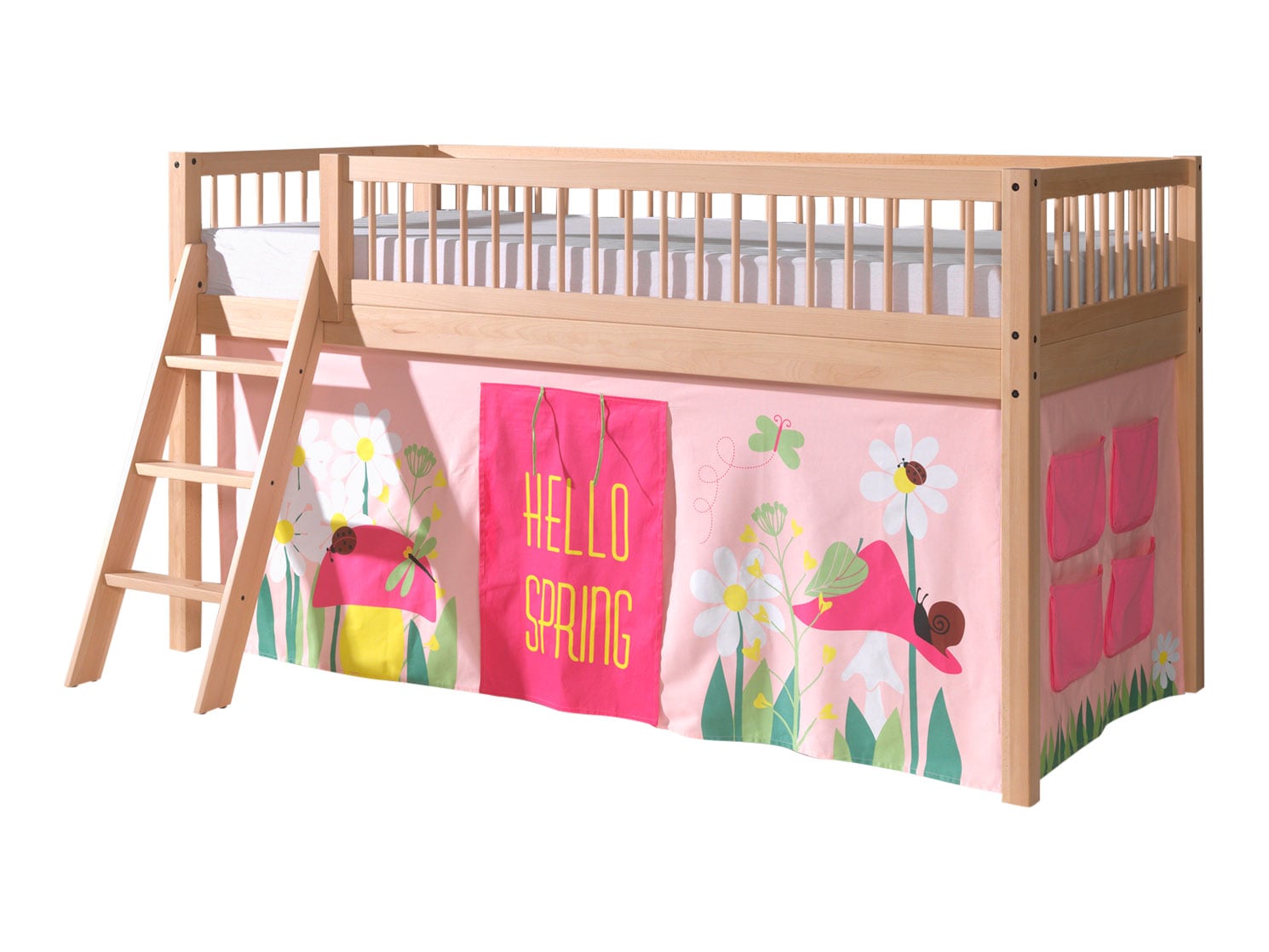 FAGUS halbhohes Bett 90 x 200 cm, inkl. Lattenrost, mit Textilset Vorhang "Spring", Ausf. Buche massiv natur - Bild 1