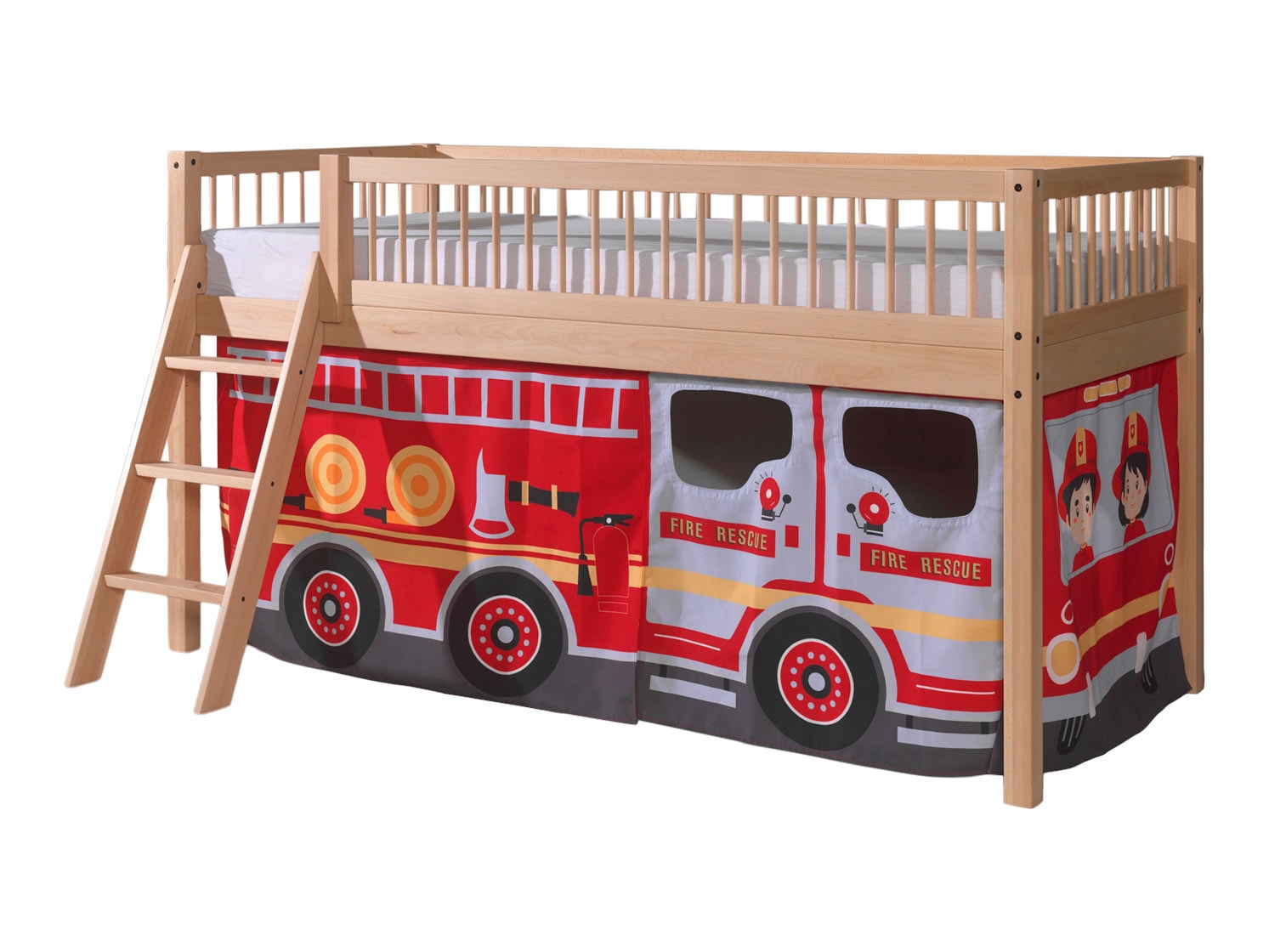 FAGUS halbhohes Bett 90 x 200 cm, inkl. Lattenrost, mit Textilset "FIRE RESCUE", Ausf. Buche massiv natur - Bild 1