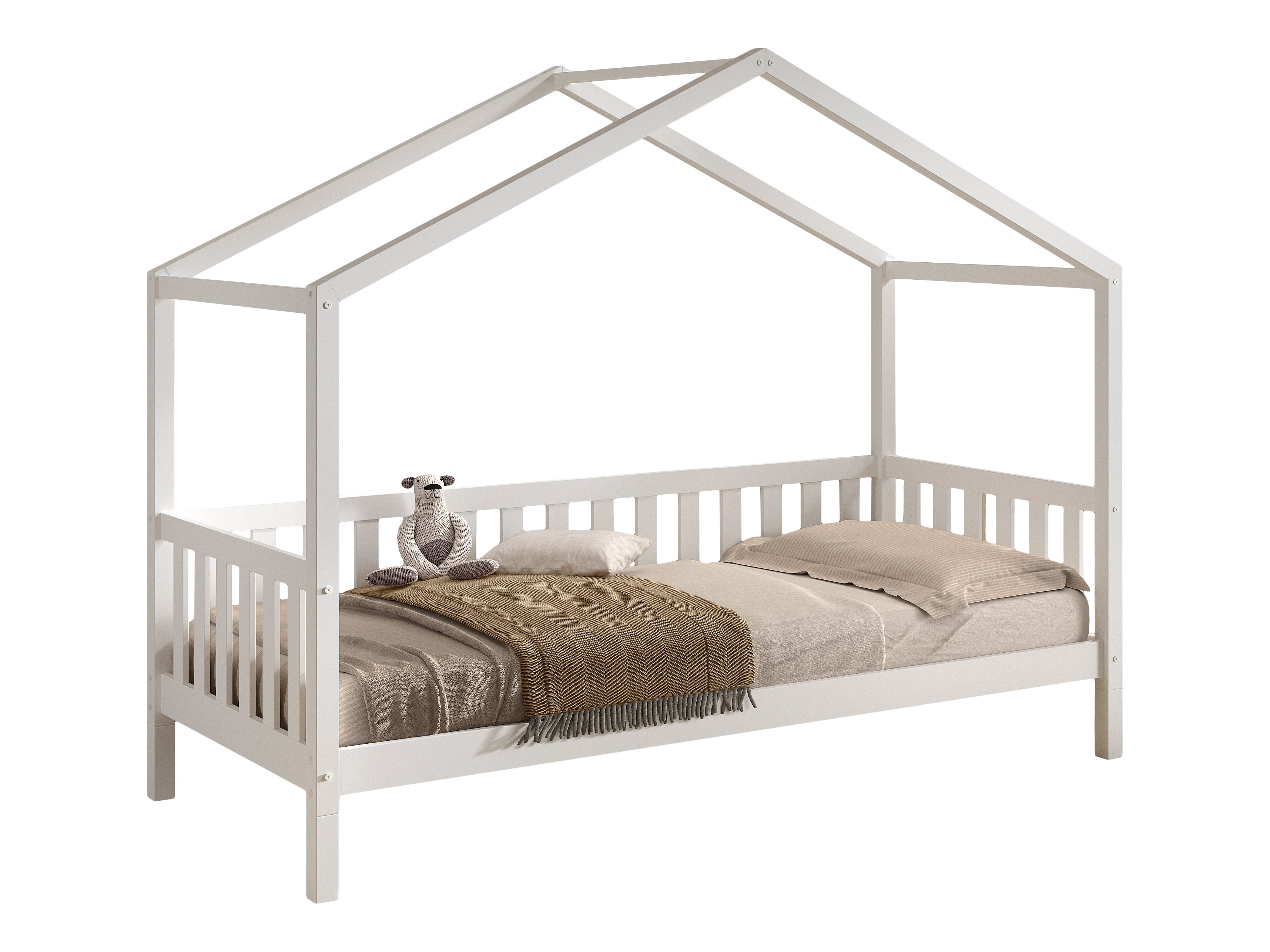 Dallas Boden-/Daybett in Hausoptik, umbaubar, mit Umrandung, 90 x 200 cm Liegefl&auml;che, inkl. Rolllattenrost, Kiefer Wei&szlig; lackiert - Bild 1