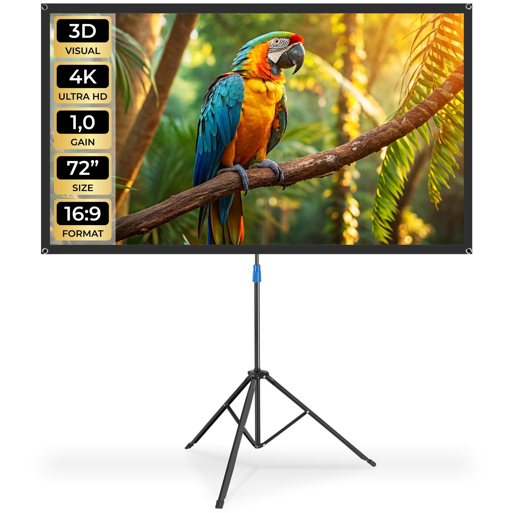 tectake® Beamer-Leinwand, für 4K, HD, Ultra HD und Full HD, Gain-Faktor 1,0, reißfester Terylenestoff, faltenfrei gespannt, Format 16:9, 72“