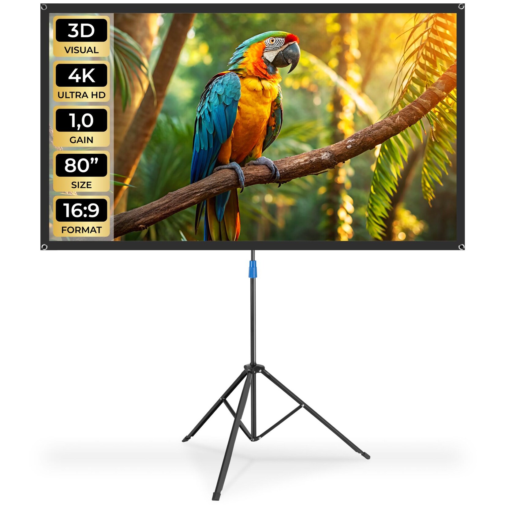 tectake® Beamer-Leinwand, für 4K, HD, Ultra HD und Full HD, Gain-Faktor 1,0, reißfester Terylenestoff, faltenfrei gespannt, Format 16:9, 80“