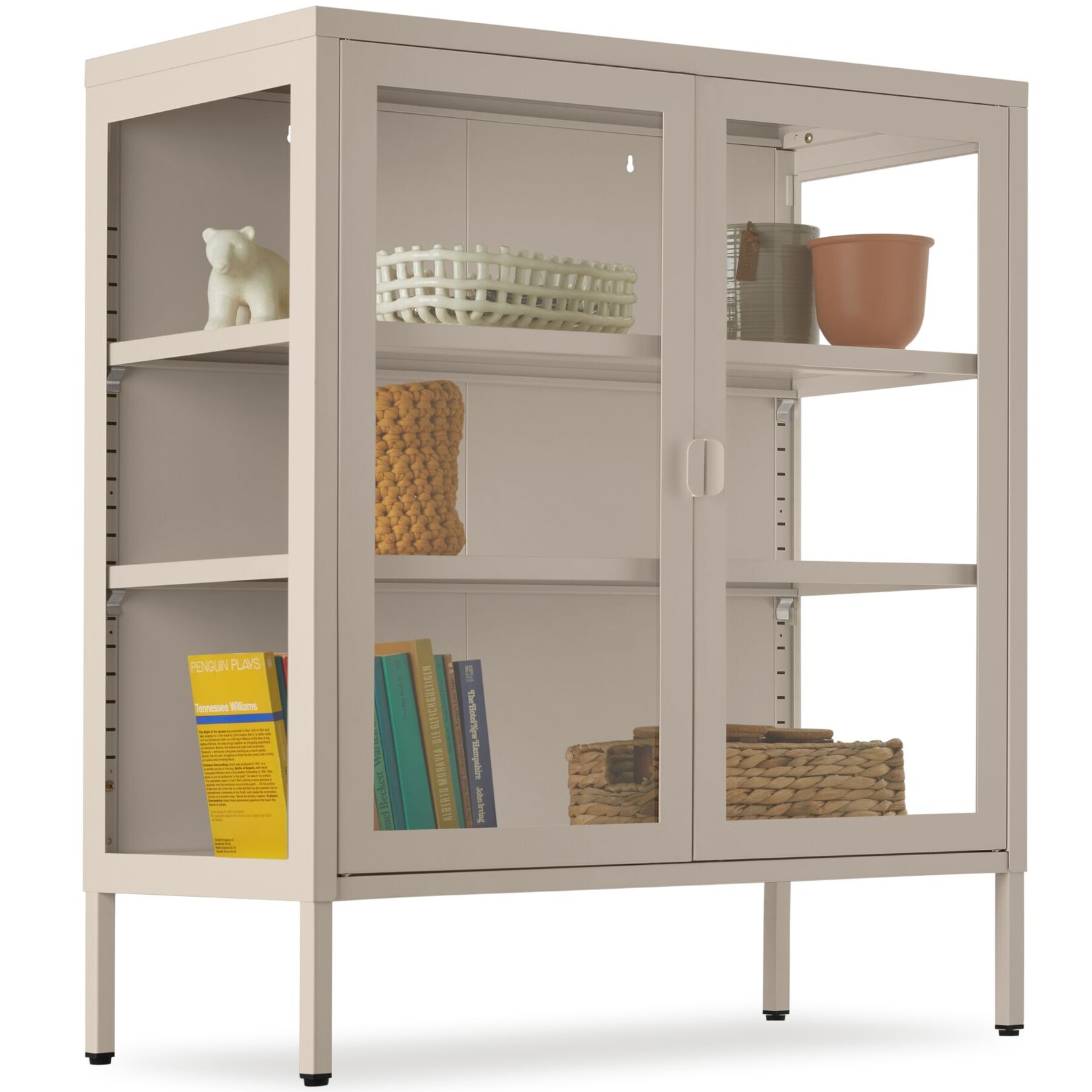 tectake® Metallvitrine, Glastüren mit Magnetverschluss, pulverbeschichteter Stahl, Kippschutz, höhenverstellbare Füße