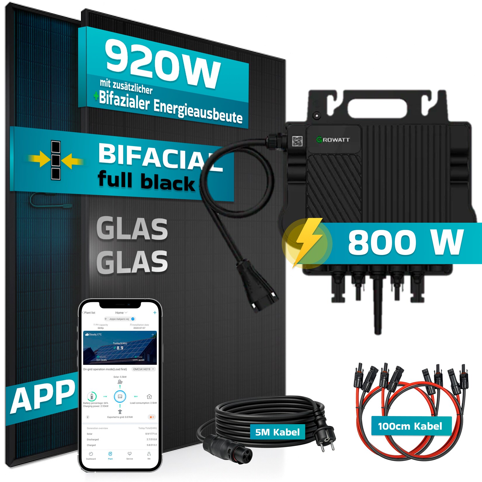 SUNNIVA® 920W Balkonkraftwerk mit 800W Wechselrichter GROWATT, BIFAZIAL FULLBLACK komplett Steckdose, PV Solaranlage Komplettset mit 5 m Anschlusskabel und 4x 1m Solarkabel, 2x 460W N-Type Glas-Glas