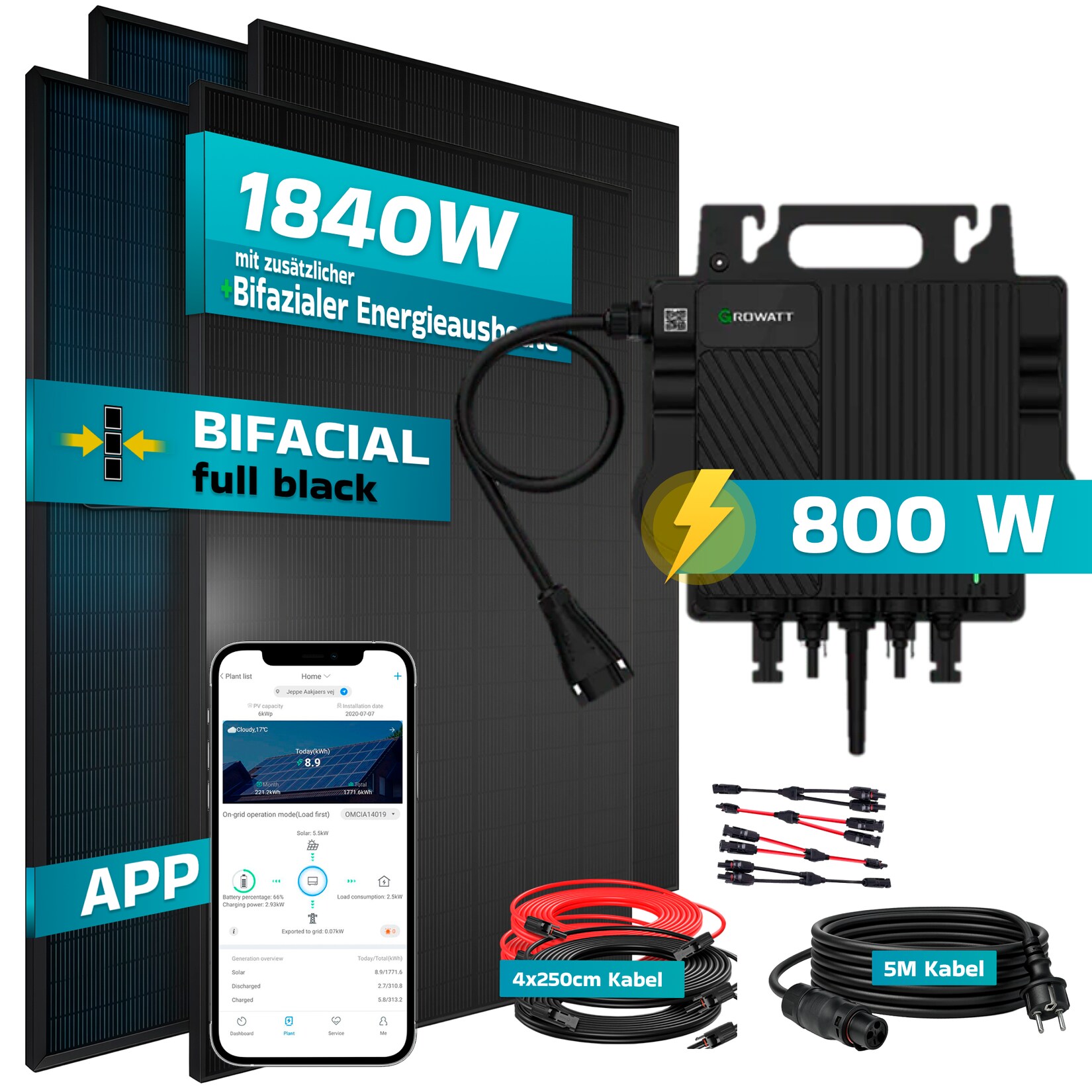 SUNNIVA® 1840W Balkonkraftwerk mit 800W Wechselrichter GROWATT, BIFAZIAL FULLBLACK komplett Steckdose, PV Solaranlage Komplettset mit 5m Anschlusskabel und 4x2.5m Solarkabel, 4x 460W N-Type Glas-Glas