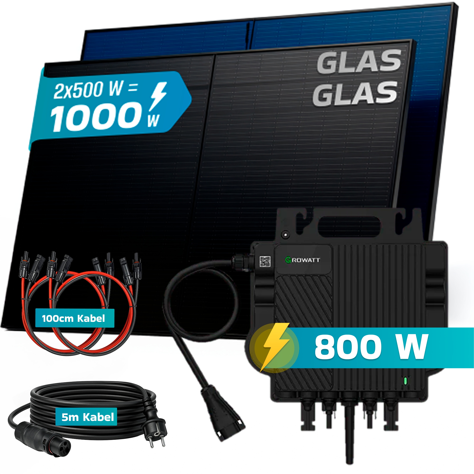 SUNNIVA&reg; 1000W Balkonkraftwerk BIFAZIAL FULLBLACK komplett Steckdose GROWATT NEO-800M-X 800 Watt Wechselrichter, Solaranlage Komplettset, 2x 500W N-Type Glas-Glas Bifacial Solarmodule, 5m Kabel - Bild 1