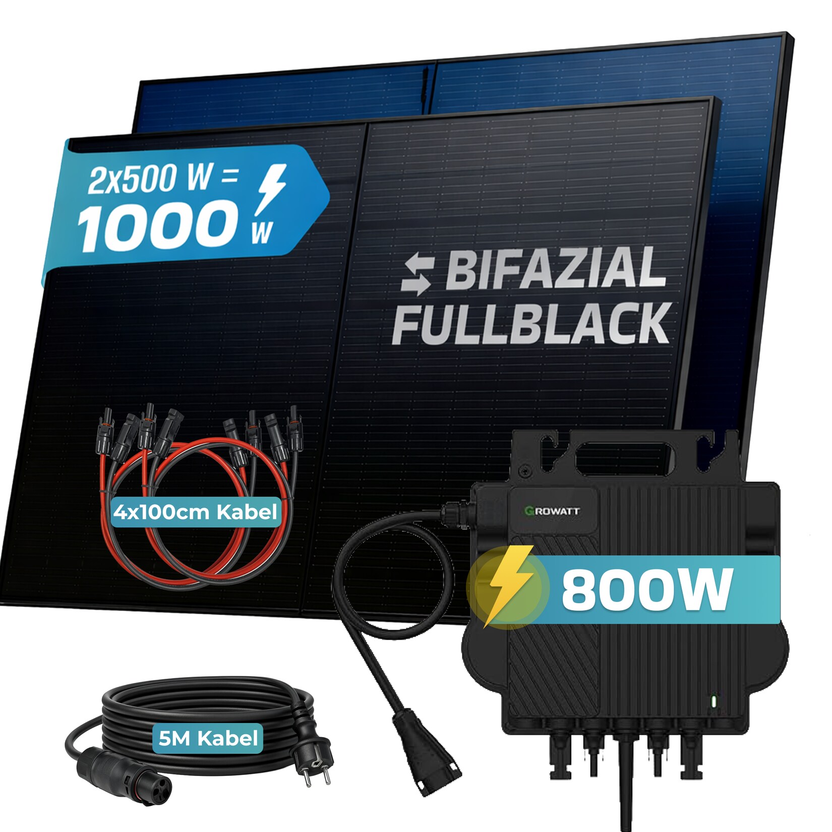 SUNNIVA® 1000W Balkonkraftwerk mit 800W Wechselrichter GROWATT, BIFAZIAL FULLBLACK komplett Steckdose, PV Solaranlage Komplettset mit 5 m Anschlusskabel und 4x 1m Solarkabel, 2x 500W N-Type Glas
