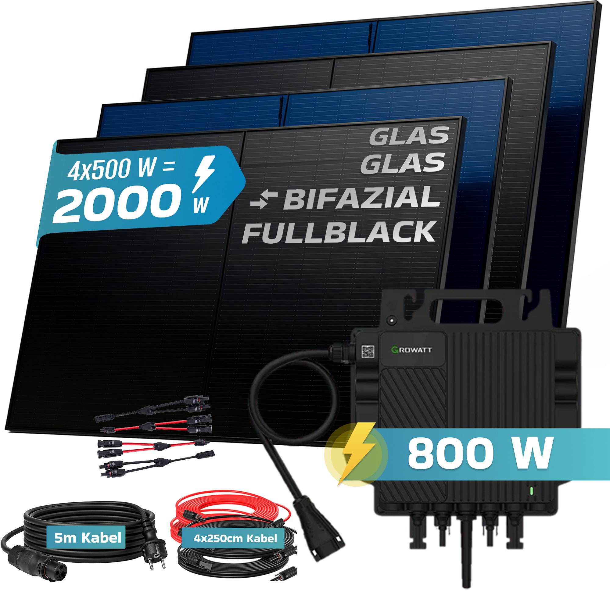 SUNNIVA&reg; 2000W Balkonkraftwerk BIFAZIAL FULLBLACK komplett Steckdose GROWATT NEO-800M-X 800 Watt Wechselrichter, Solaranlage Komplettset, 4x 500W N-Type Glas-Glas Bifacial Solarmodule, 5m Kabel - Bild 1