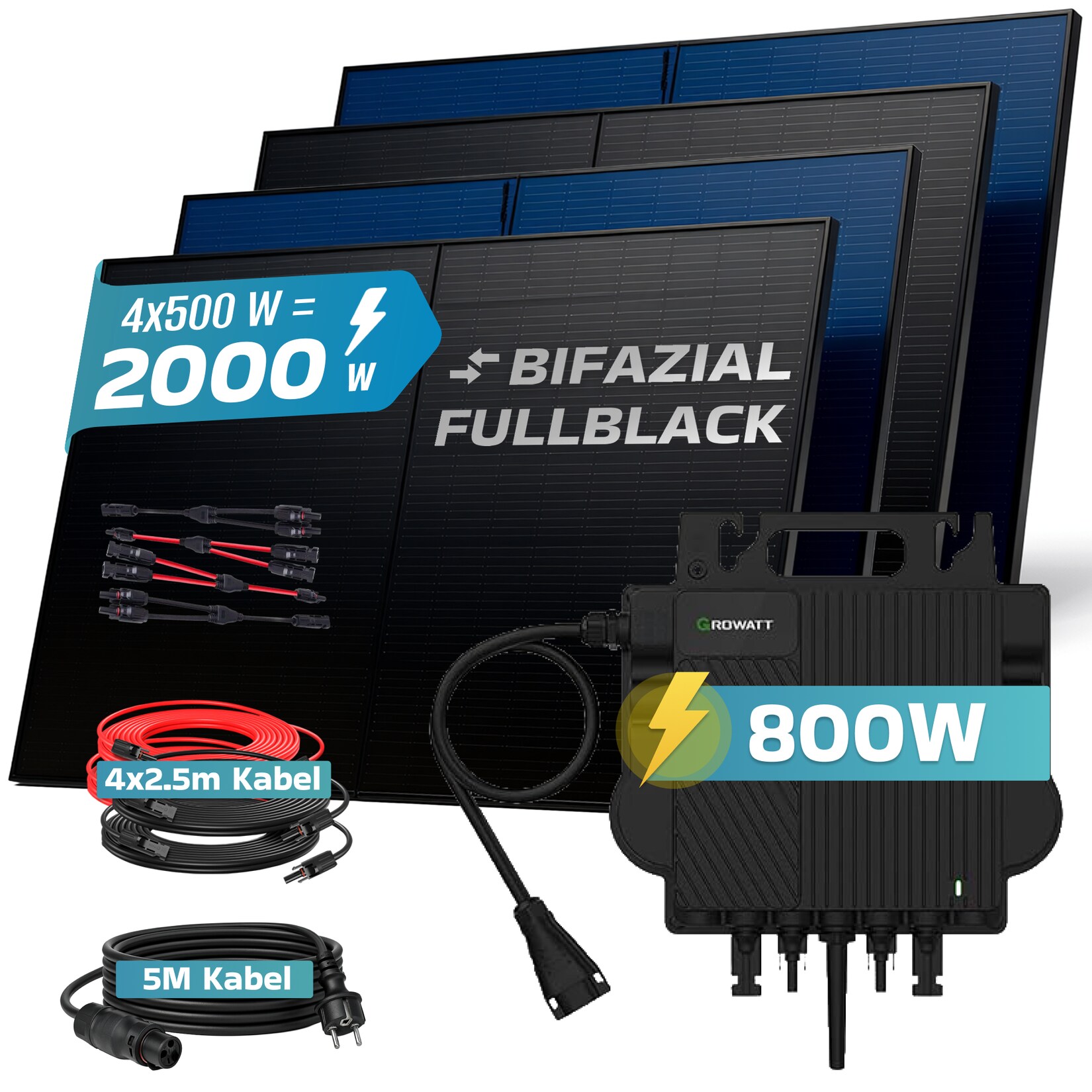 SUNNIVA® 2000W Balkonkraftwerk mit 800W Wechselrichter GROWATT, BIFAZIAL FULLBLACK komplett Steckdose, PV Solaranlage Komplettset mit 5 m Anschlusskabel und 4x 2.5m Solarkabel, 4x 500W N-Type Glas