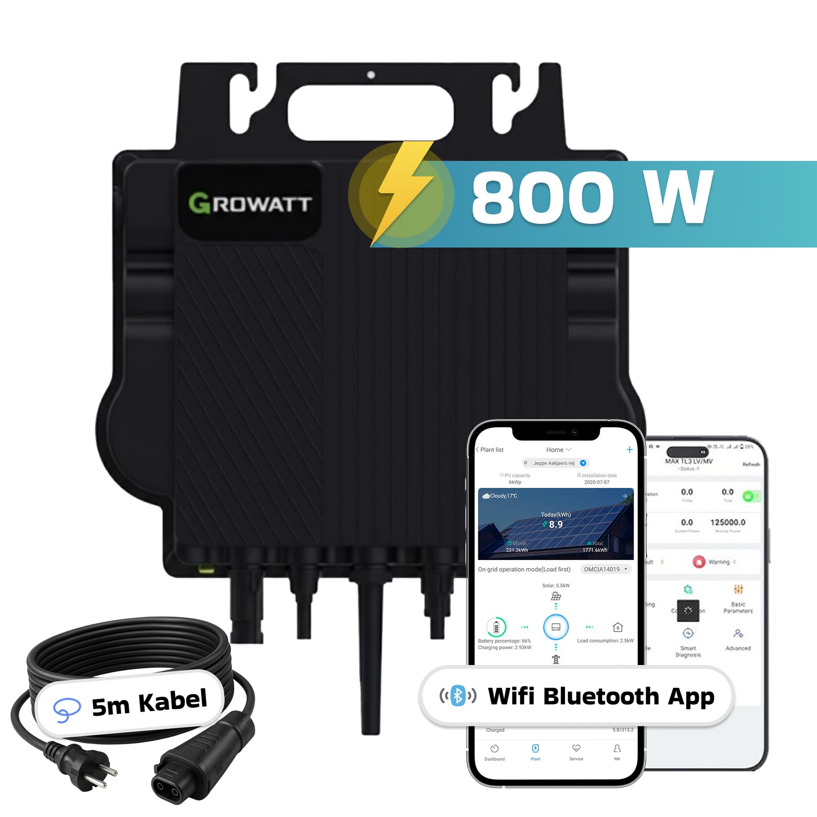 GROWATT Mikro-Wechselrichter 800 W NEO-800M-X für Balkonkraftwerk, IP67 wetterfest, Plug&Play Installation, 2 MPPT, WIFI Bluetooth, inkl.5m Anschlusskabel Micro Inverter