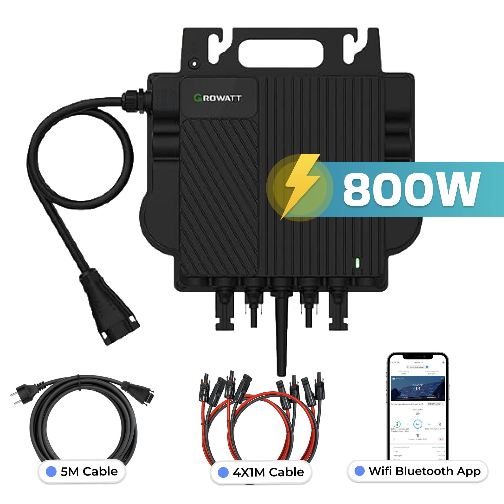 GROWATT Mikro-Wechselrichter 800 W NEO-800M-X f&uuml;r Balkonkraftwerk, IP67 wetterfest, Plug&Play Installation, 2 MPPT, WIFI Bluetooth, inkl.5m Anschlusskabel und 4x1m Solarkabel - Bild 1
