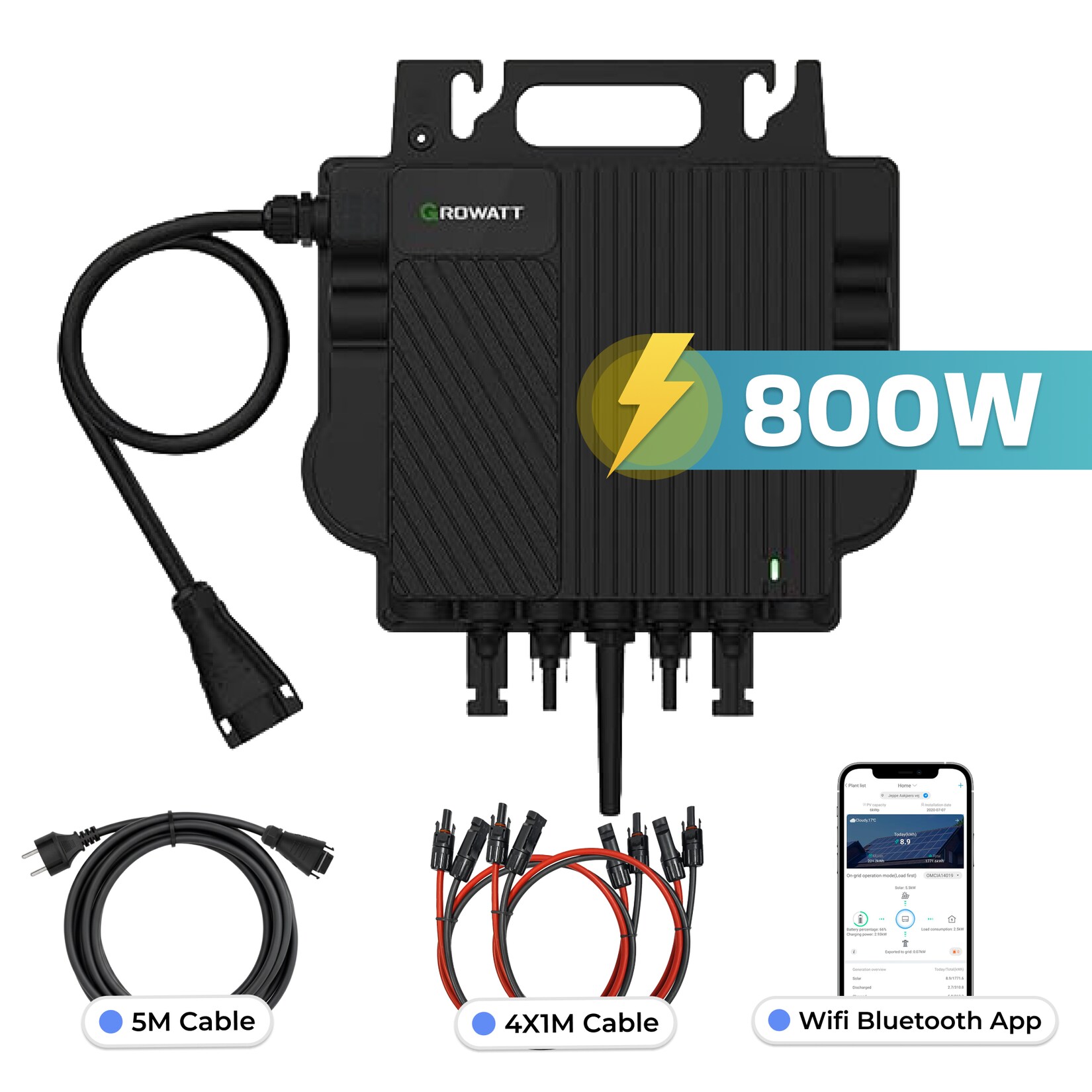 GROWATT Mikro-Wechselrichter 800 W NEO-800M-X für Balkonkraftwerk, IP67 wetterfest, Plug&Play Installation, 2 MPPT, WIFI Bluetooth, inkl.5m Anschlusskabel und 4x1m Solarkabel