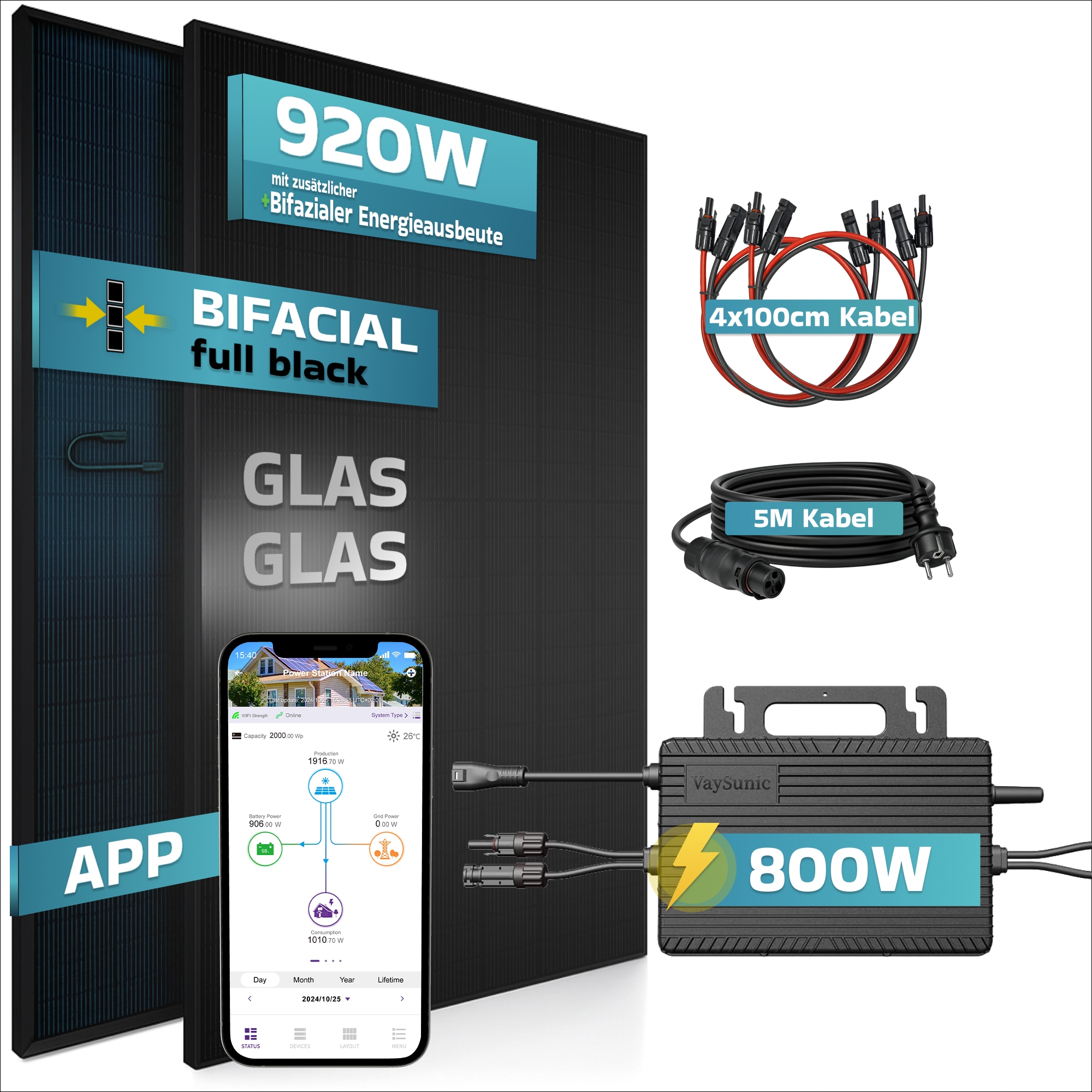 SUNNIVA&reg; 920W Balkonkraftwerk BIFAZIAL FULLBLACK komplett Steckdose VAYSUNIC VM800WE-BE-P2 800W Wechselrichter, PV Solaranlage Komplettset,2x460W Glas-Glas Bifacial Solarmodule, 5m + 4x1m Kabelset - Bild 1