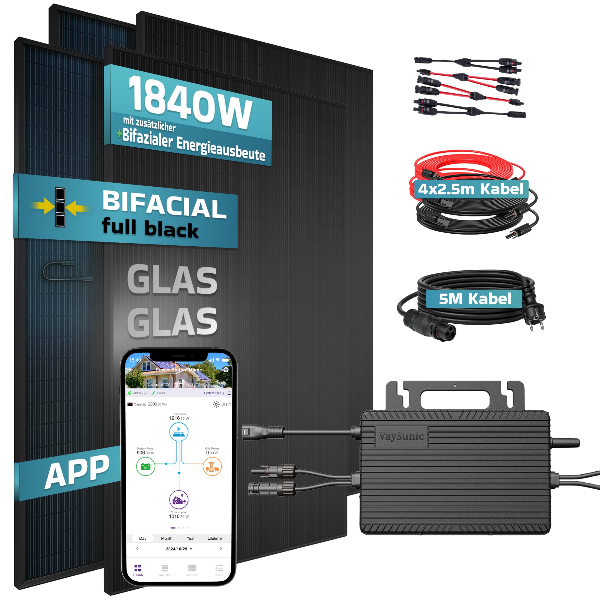 SUNNIVA&reg; 1840W Balkonkraftwerk BIFAZIAL FULLBLACK komplett Steckdose VAYSUNIC VM800WE-BE-P2 800W Wechselrichter, PV Solaranlage Komplettset,4x460W Glas-Glas Bifacial Solarmodule, 5m + 4x2,5m Kabelset - Bild 1