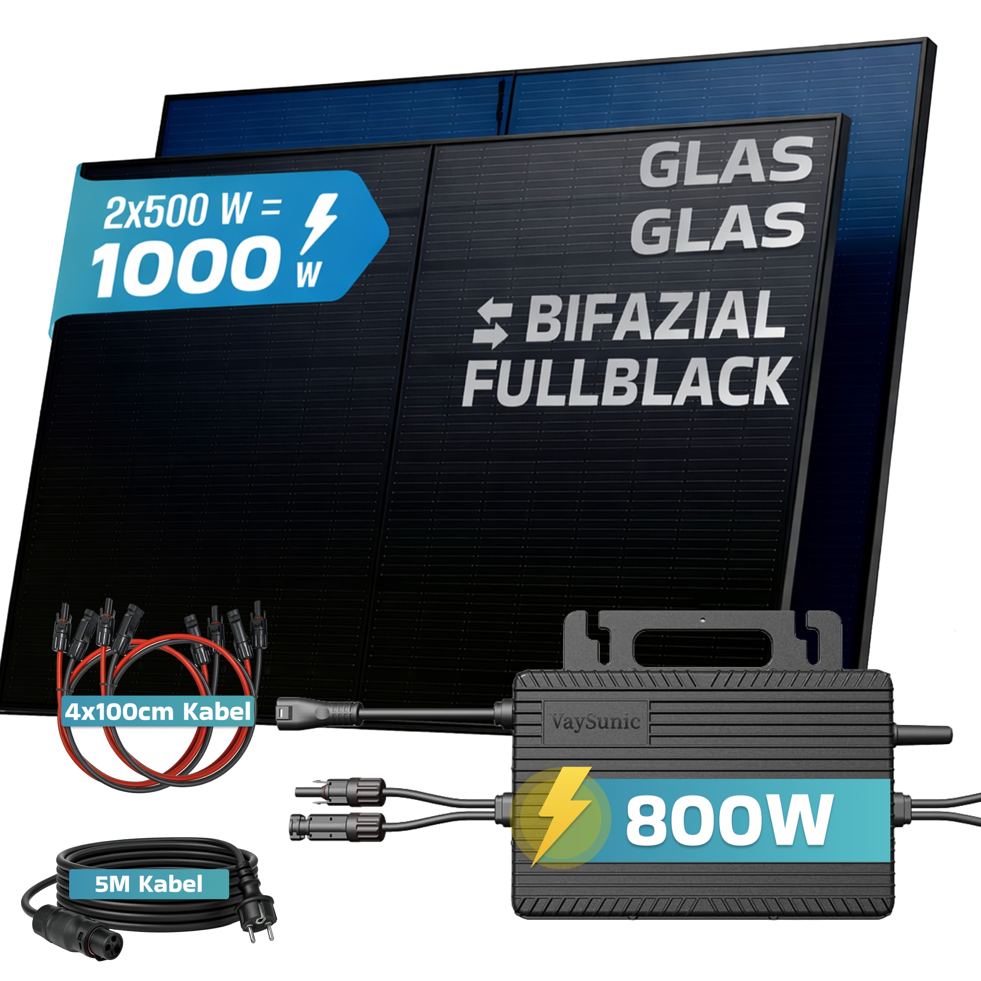 SUNNIVA&reg; 1000W Balkonkraftwerk BIFAZIAL FULLBLACK komplett Steckdose VAYSUNIC VM800WE-BE-P2 800W Wechselrichter, PV Solaranlage Komplettset,2x500W Glas-Glas Bifacial Solarmodule, 5m + 4x1m Kabelset - Bild 1