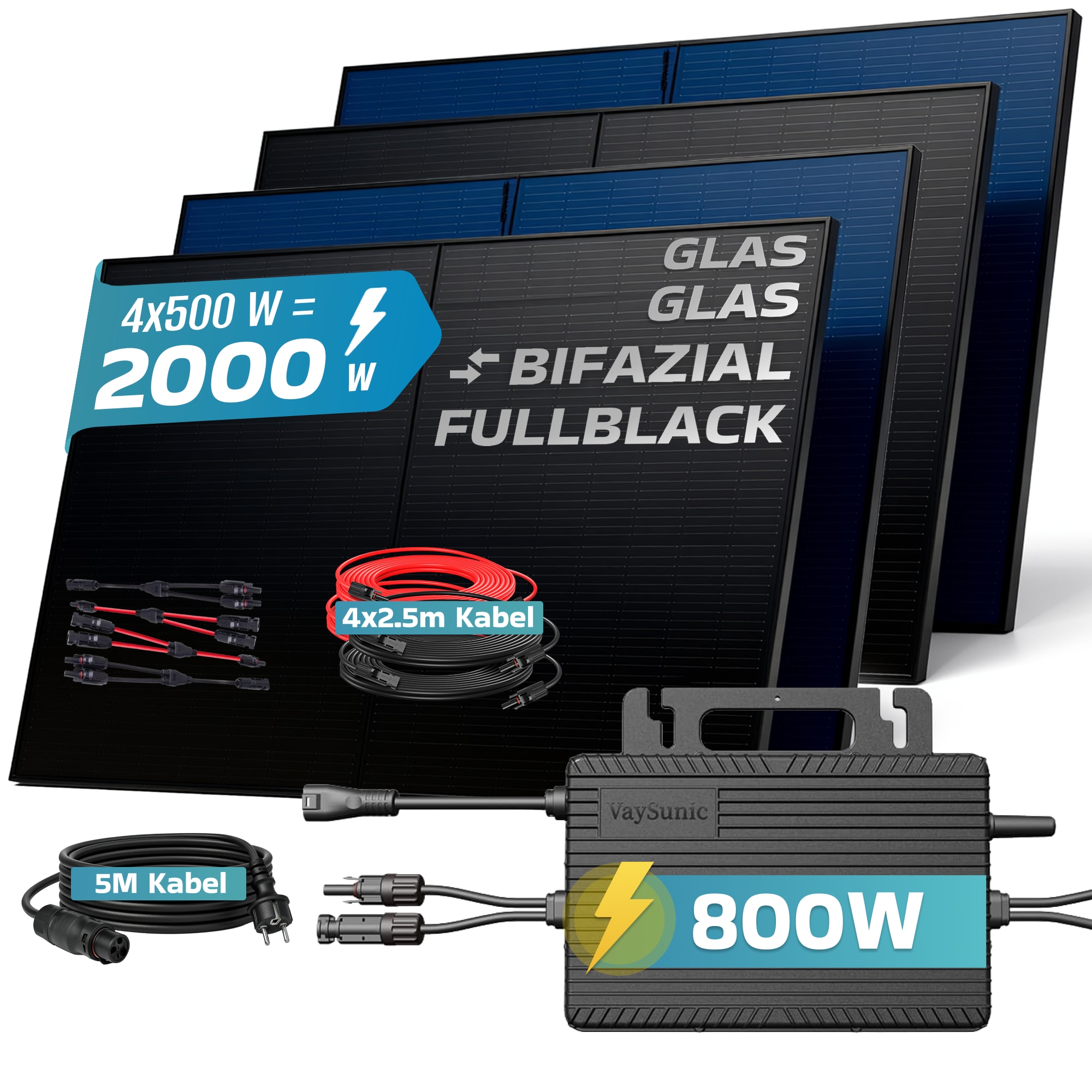SUNNIVA&reg; 2000W Balkonkraftwerk BIFAZIAL FULLBLACK komplett Steckdose VAYSUNIC VM800WE-BE-P2 800W Wechselrichter, PV Solaranlage Komplettset,4x500W Glas-Glas Bifacial Solarmodule, 5m + 4x2,5m Kabelset - Bild 1