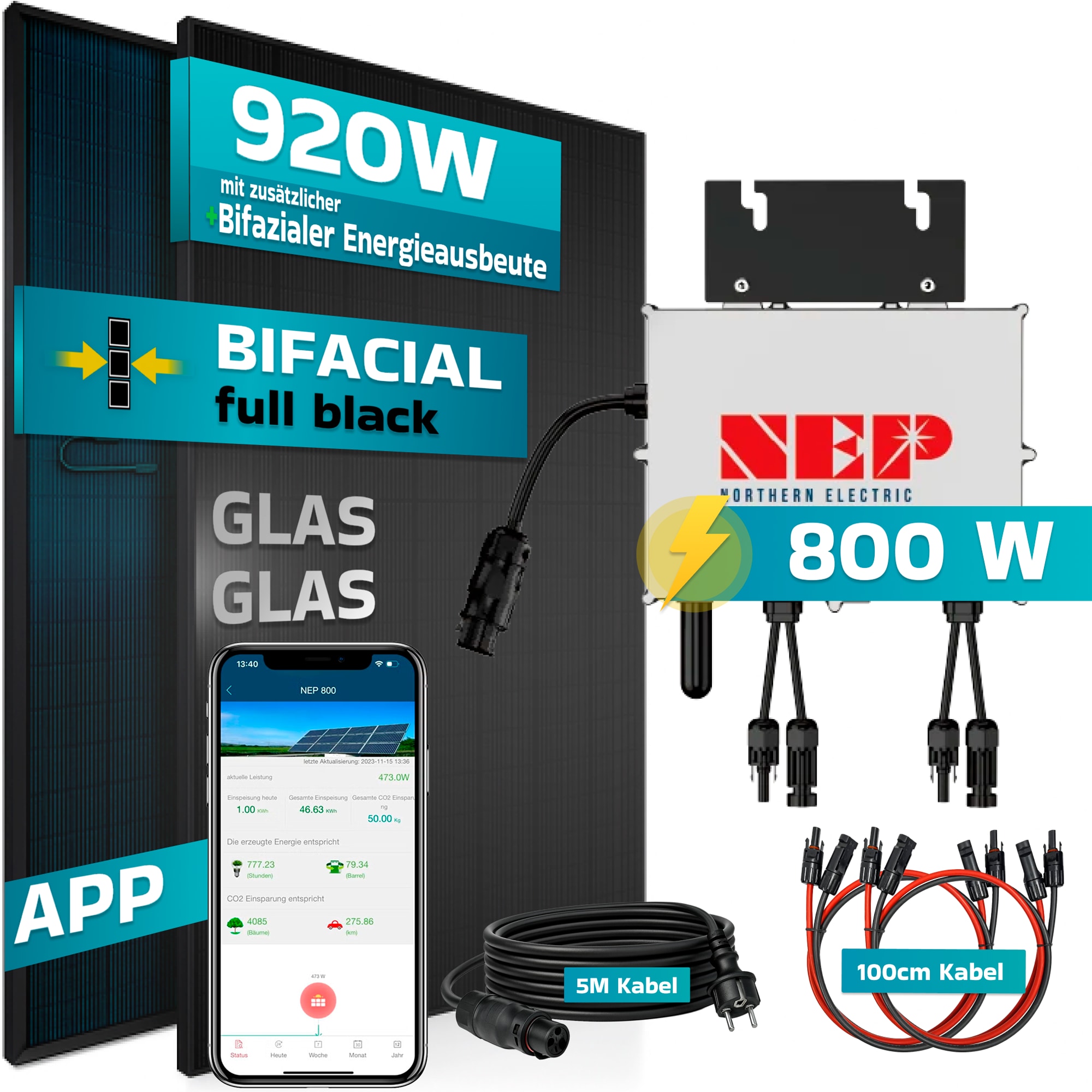 SUNNIVA&reg; 920W Balkonkraftwerk BIFAZIAL FULLBLACK komplett Steckdose NEP BDM-800 800 Watt Wechselrichter, PV Solaranlage Komplettset,2x460W Glas-Glas Bifacial Solarmodule, 5m Kabel,4x1m Solarkabel - Bild 1