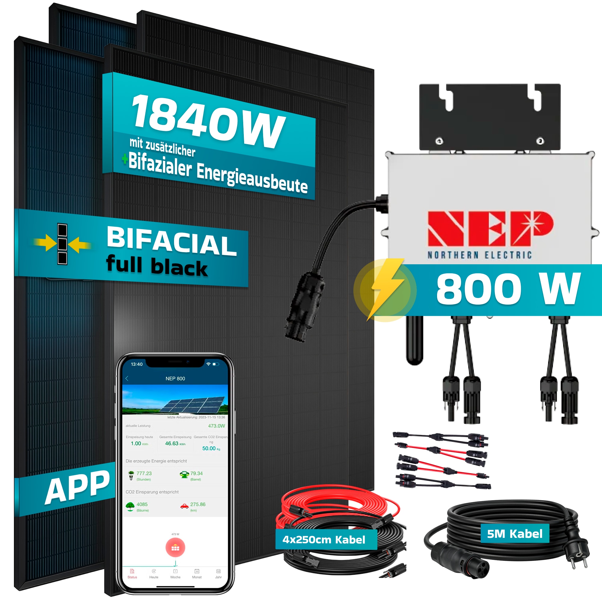 SUNNIVA&reg; 1840W Balkonkraftwerk BIFAZIAL FULLBLACK komplett Steckdose NEP BDM-800 800 Watt Wechselrichter, PV Solaranlage Komplettset,4x460W Glas-Glas Bifacial Solarmodule, 5m Kabel,4x2,5m Solarkabel - Bild 1