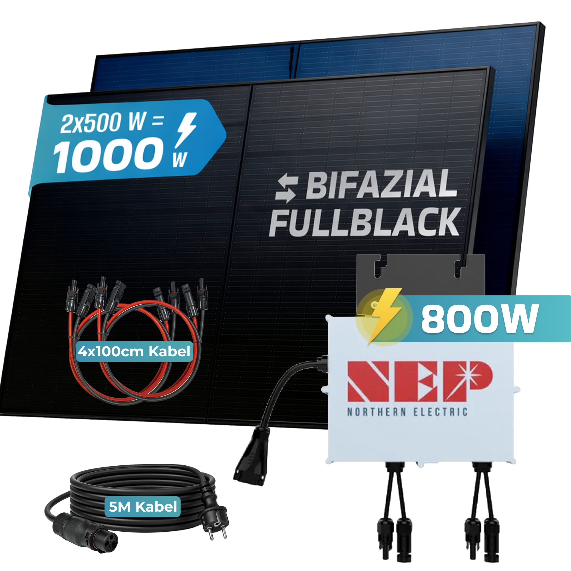 SUNNIVA&reg; 1000W Balkonkraftwerk BIFAZIAL FULLBLACK komplett Steckdose NEP BDM-800 800 Watt Wechselrichter, Solaranlage Komplettset, 2x 500W N-Type Glas Bifacial Solarmodule, 5m Kabel - Bild 1
