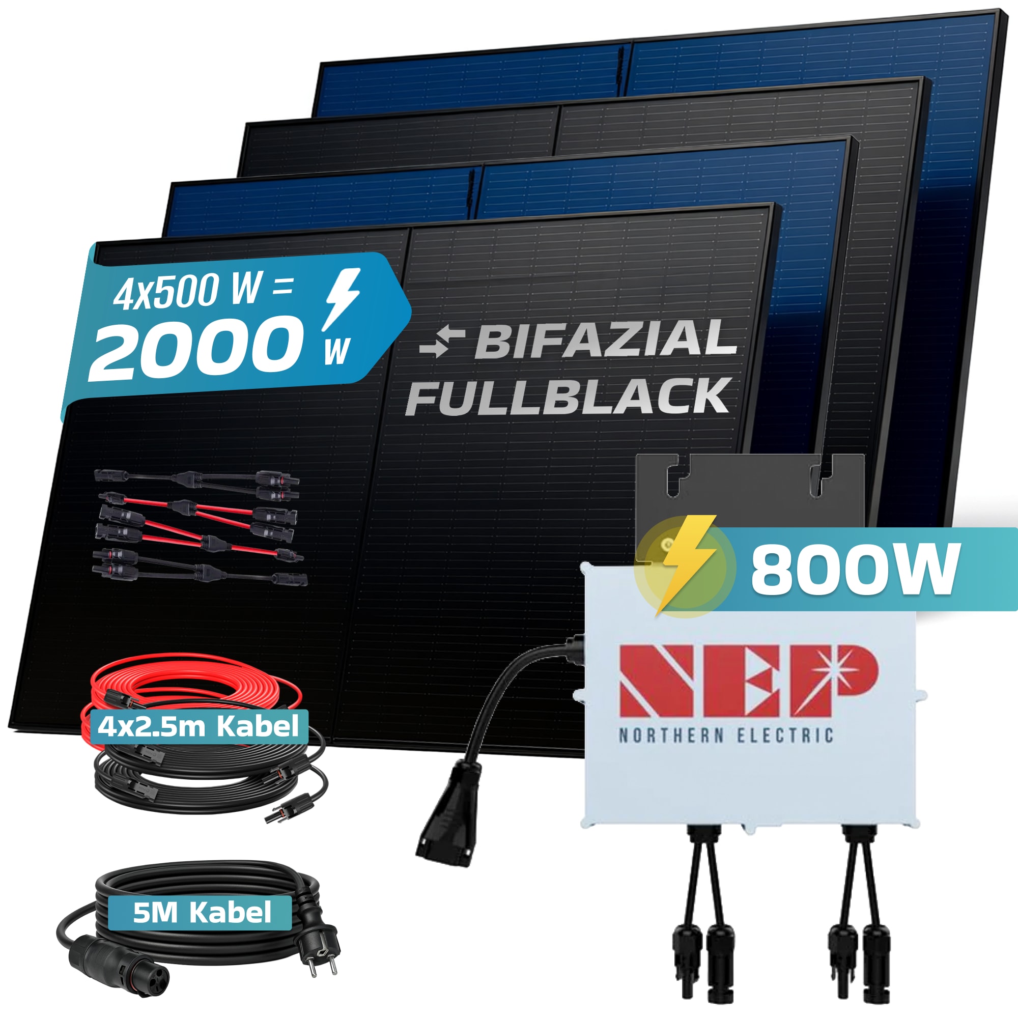 SUNNIVA&reg; 2000W Balkonkraftwerk BIFAZIAL FULLBLACK komplett Steckdose NEP BDM-800 800 Watt Wechselrichter, Solaranlage Komplettset, 4x 500W N-Type Glas Bifacial Solarmodule, 5m Kabel - Bild 1