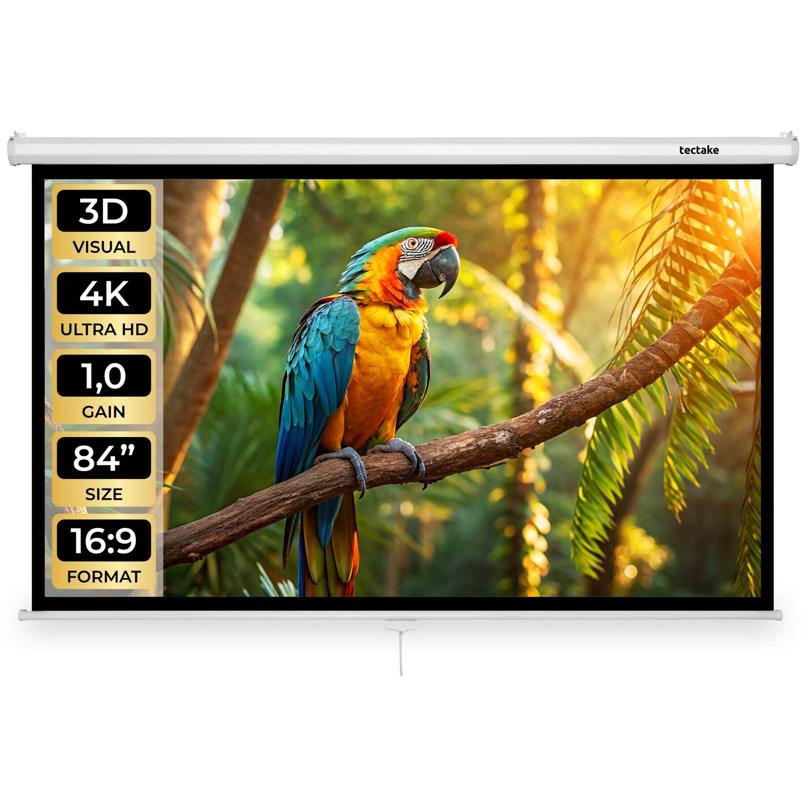 tectake® Beamer-Leinwand, für 4K, HD, Ultra HD und Full HD, Gain-Faktor 1,0, ausziehbares Gewebetuch, faltenfrei, Format 16:9, 84“