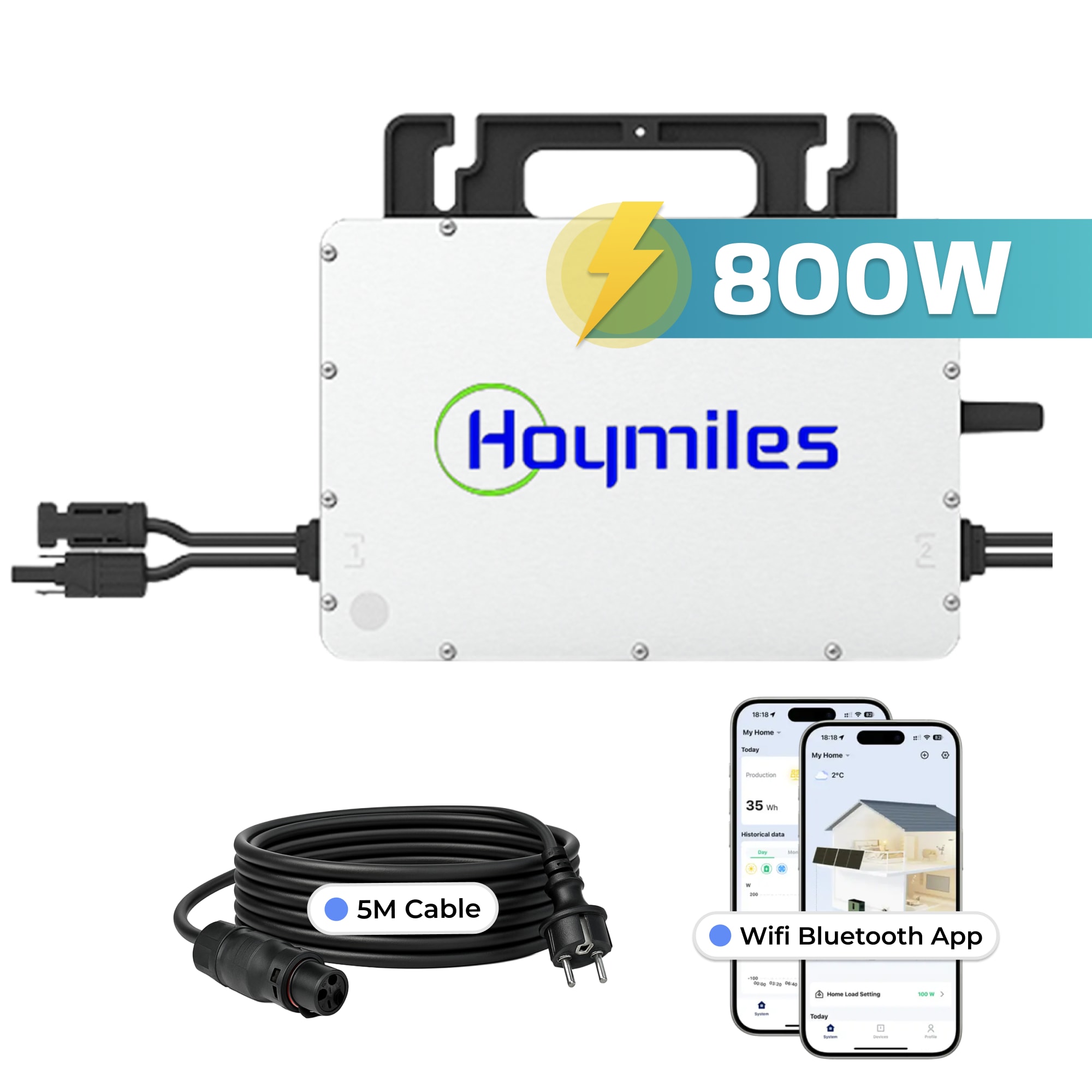 Hoymiles HMS-800W-2T 800W Micro-Wechselrichter inkl. 5m Anschlusskabel f&uuml;r Solarmodule mit WiFi, Microinverter Inverter f&uuml;r Mini-PV Plug & Play Balkonkraftwerk, Mikrowechselrichter, Solar - Bild 1