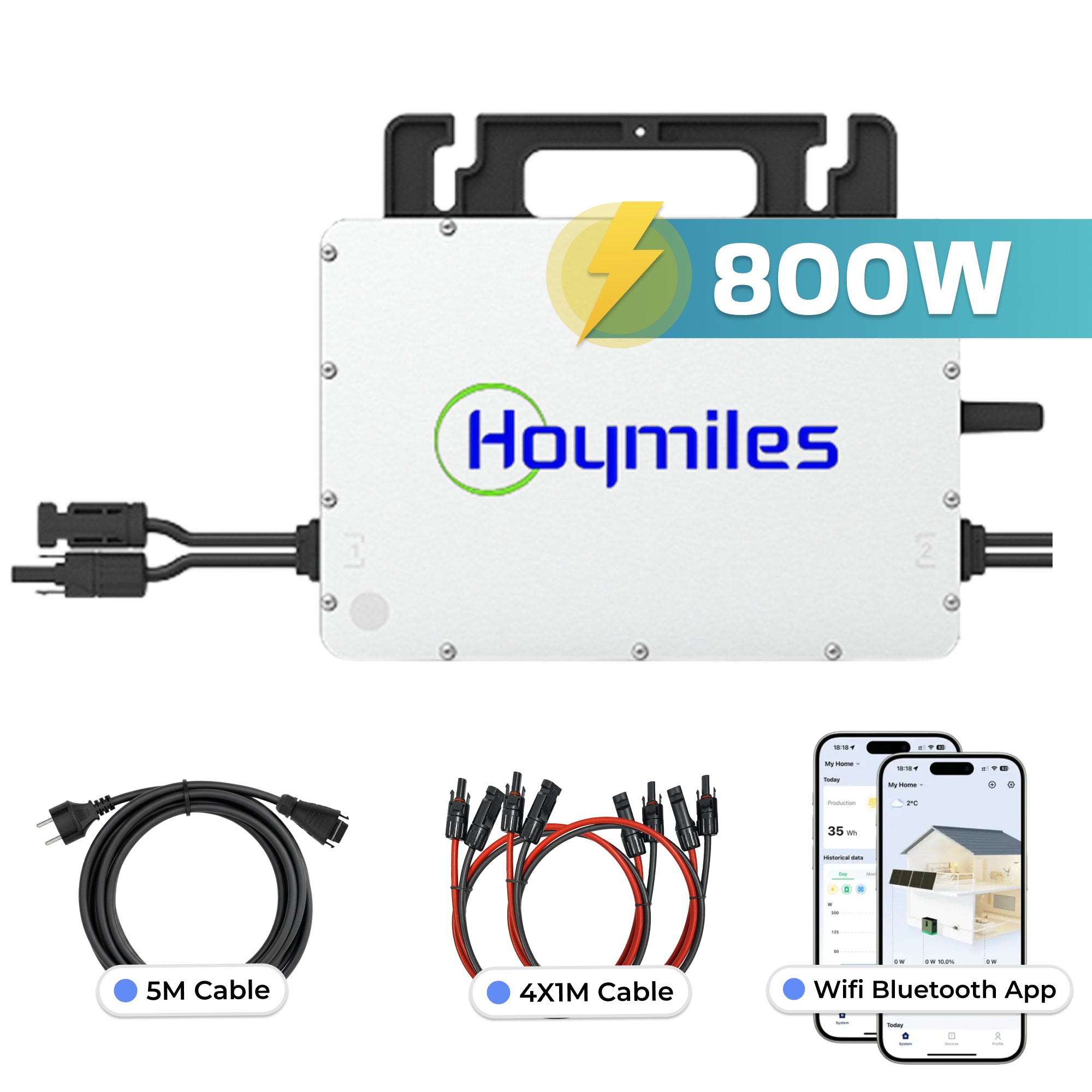 Hoymiles HMS-800W-2T 800W Micro-Wechselrichter inkl. 5m Anschlusskabel, 4x1m Solarkabel f&uuml;r Solarmodule, WiFi, Microinverter Inverter f&uuml;r Mini-PV Plug & Play Balkonkraftwerk, Mikrowechselrichter Solar - Bild 1