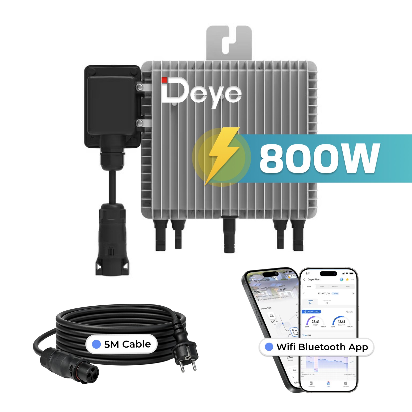 DEYE Mikro-Wechselrichter 800 W SUN-M80G4-EU-Q0 inkl. 5m Anschlusskabel für Balkonkraftwerk, IP67 wetterfest, Plug&Play Installation, 2 MPPT, WIFI, Micro Inverter