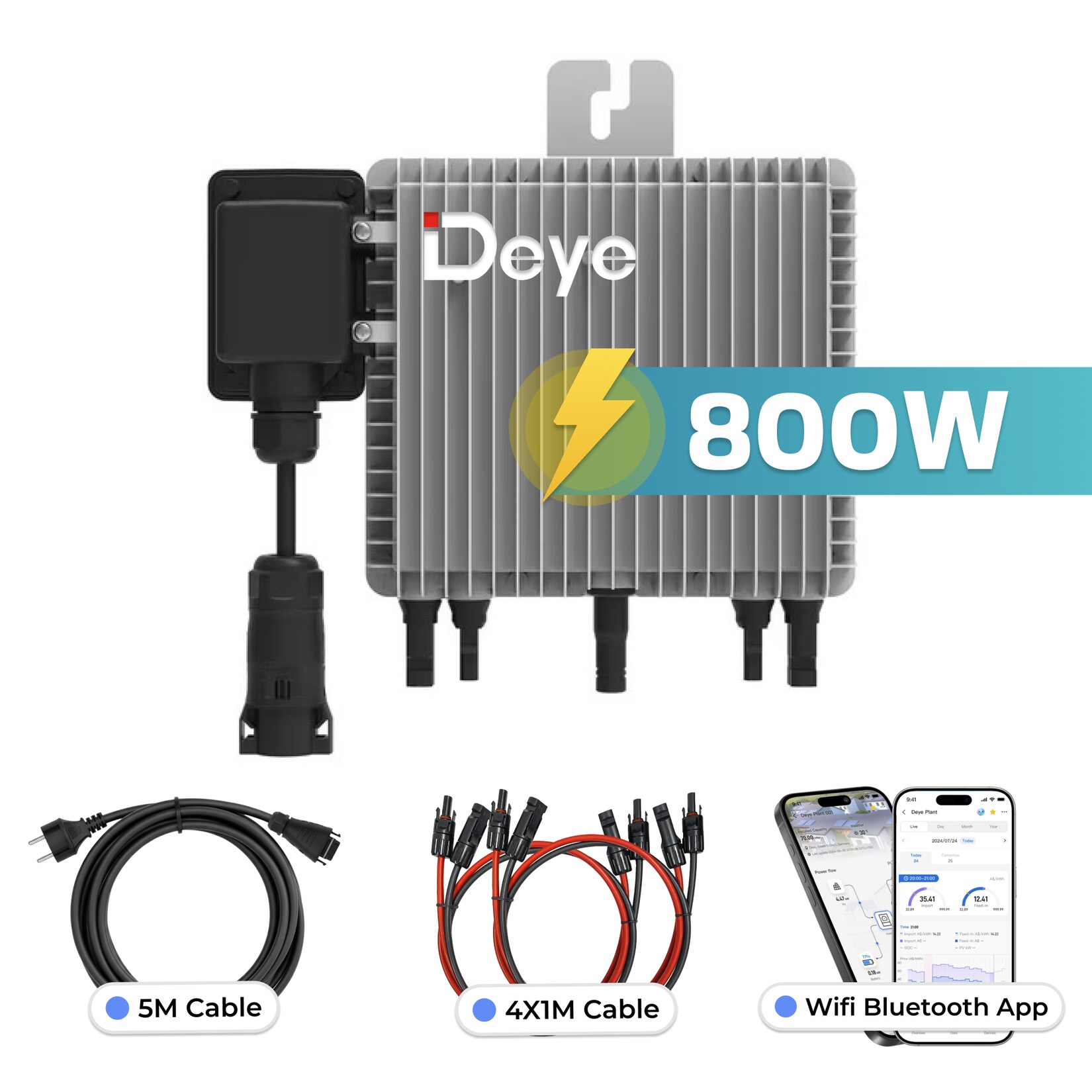 DEYE Mikro-Wechselrichter 800 W SUN-M80G4-EU-Q0 inkl. 5m Anschlusskabel und 4x1m Solarkabel für Balkonkraftwerk, IP67 wetterfest, Plug&Play Installation, 2 MPPT, WIFI, Micro Inverter